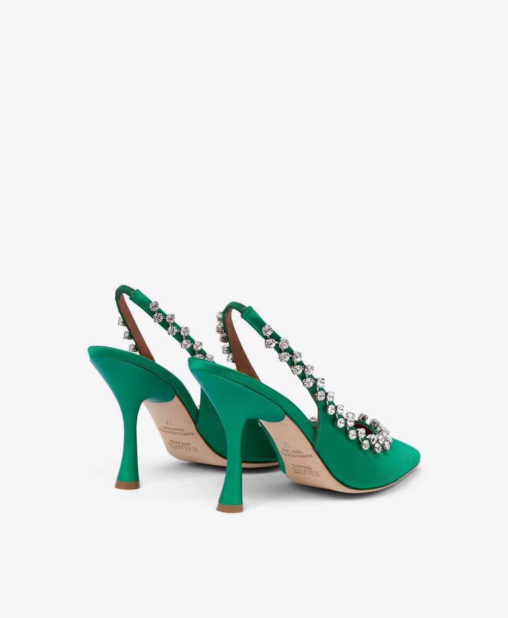 Giselle 90 Green Satin Slingback Heels| Malone Souliers