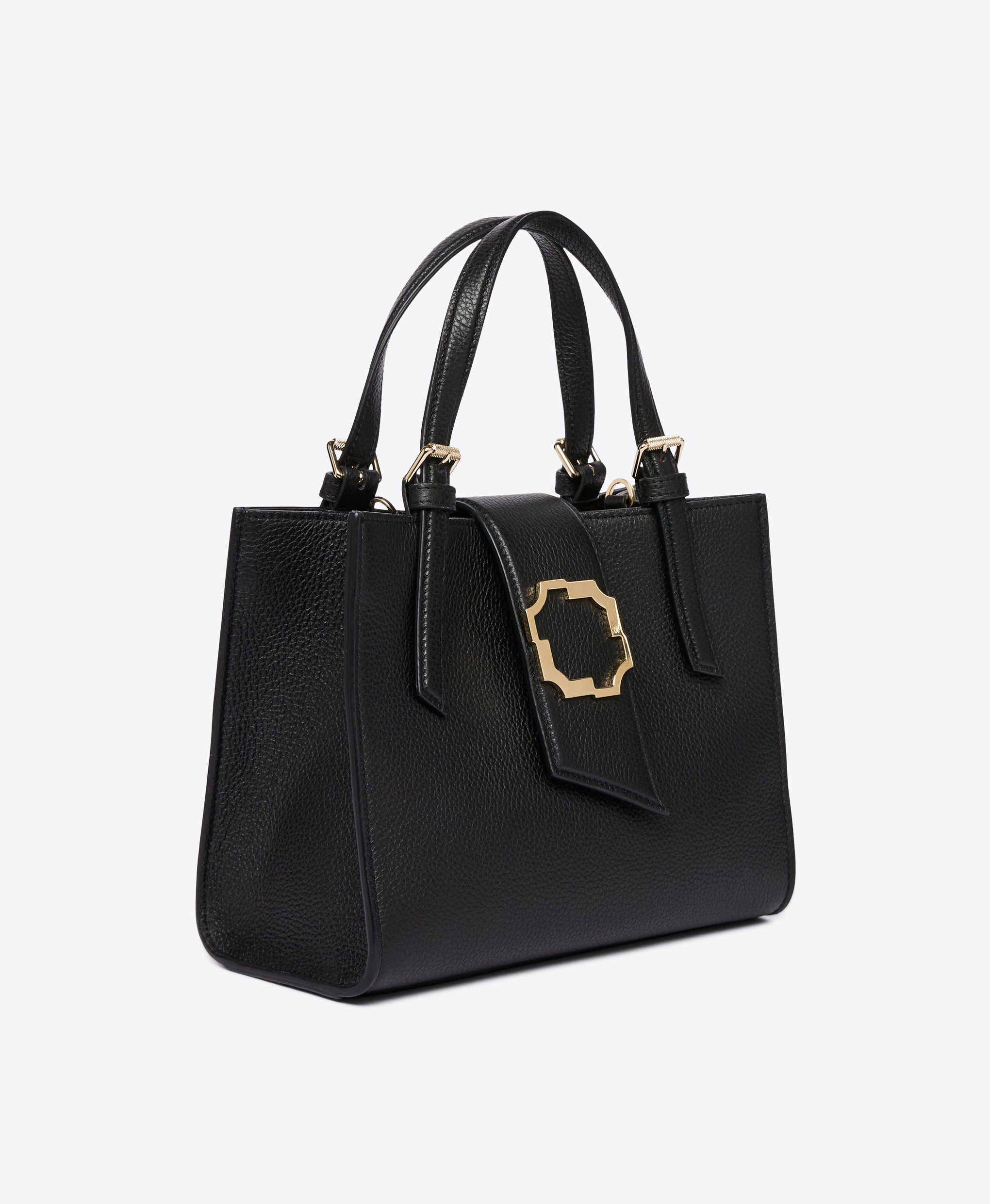 Women's Small Crest Buckle Tote in Black Grained Calf | Malone Souliers