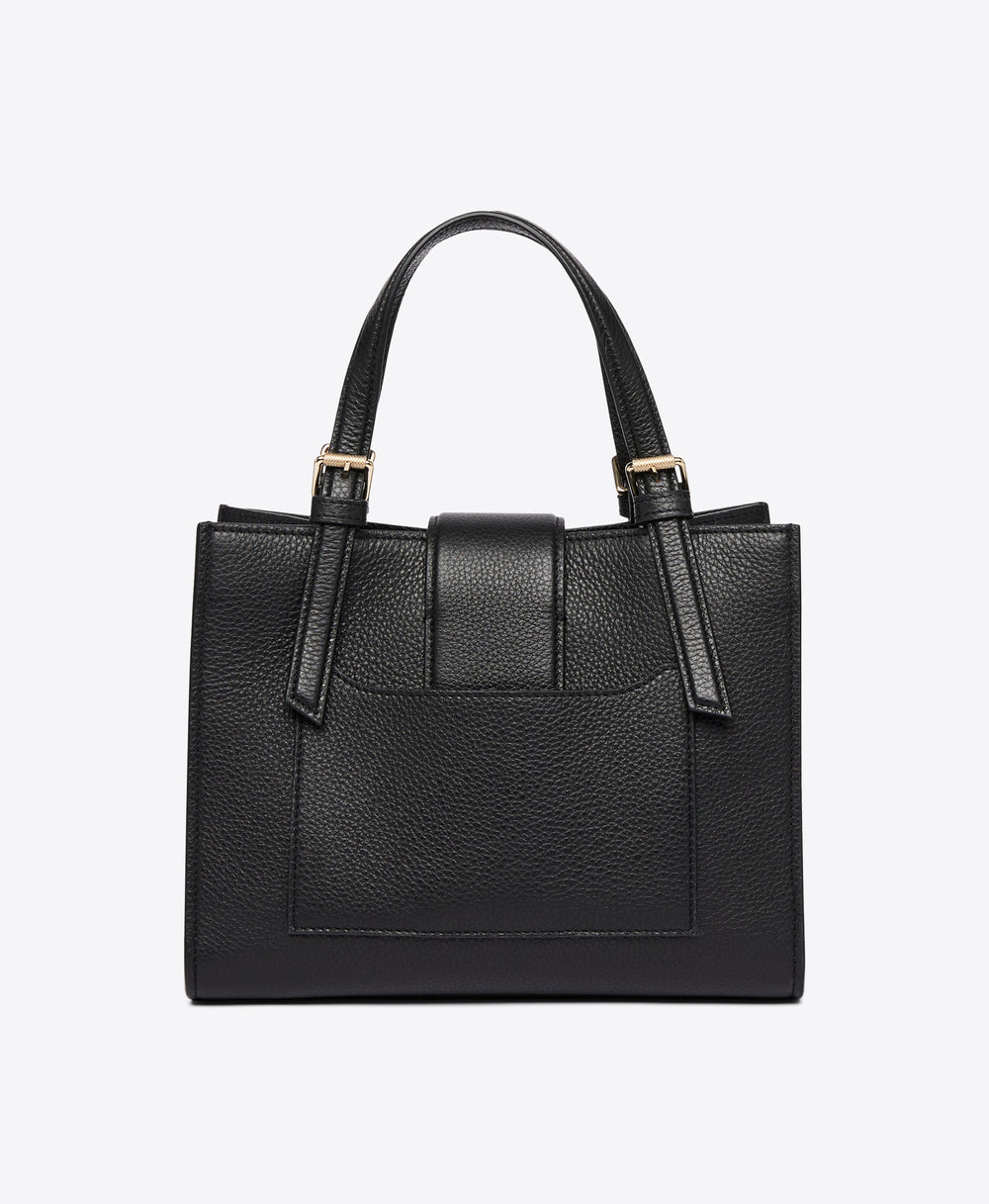 Women's Small Crest Buckle Tote in Black Grained Calf | Malone Souliers