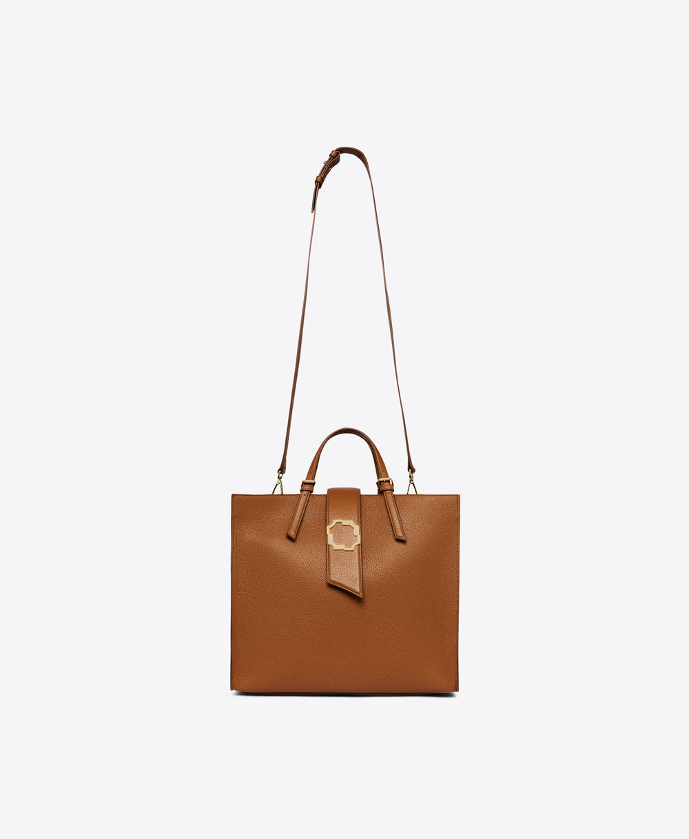 Women's Medium Crest Buckle Tote in Brown Grained Calf | Malone Souliers