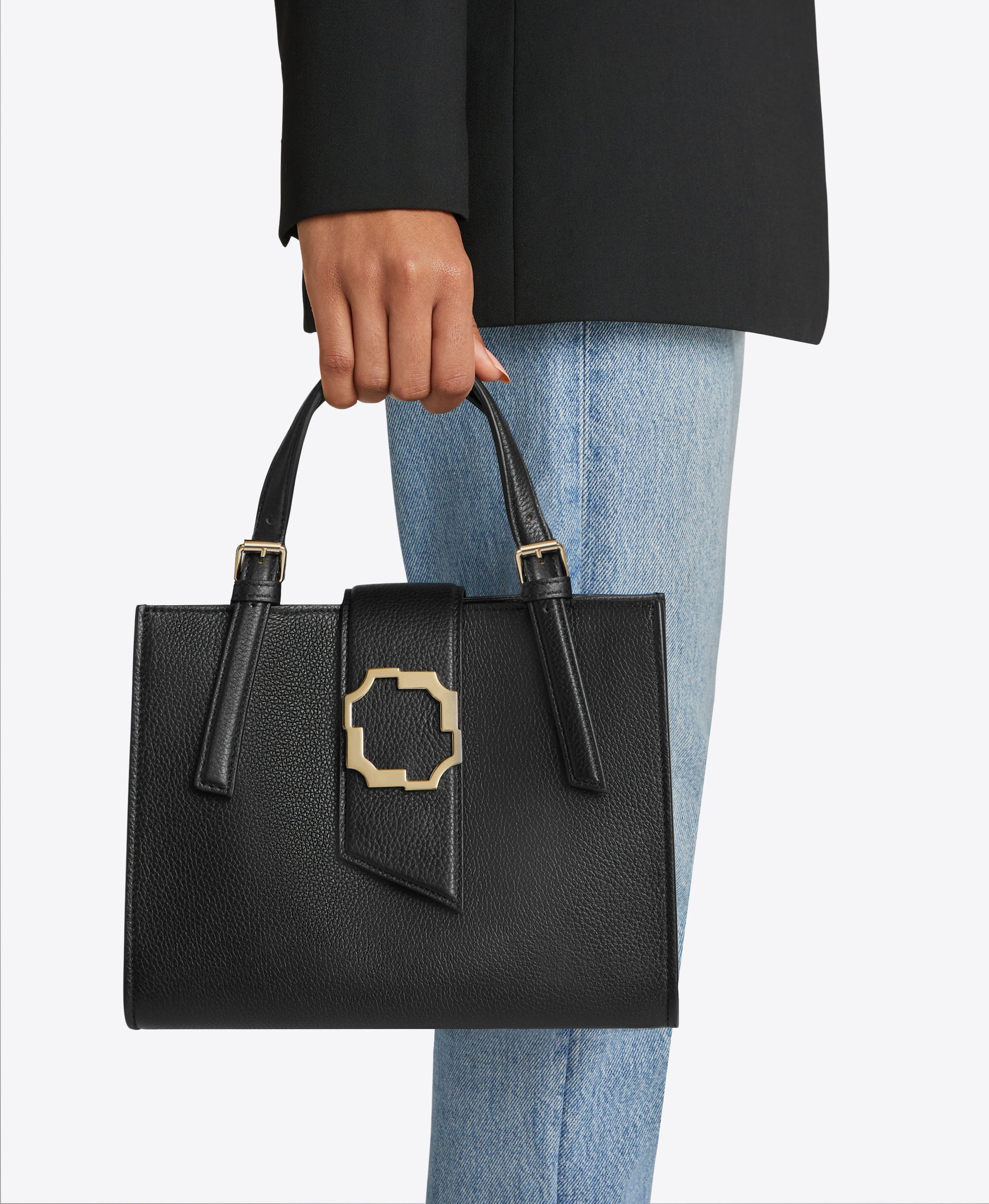 Women's Small Crest Buckle Tote in Black Grained Calf | Malone Souliers