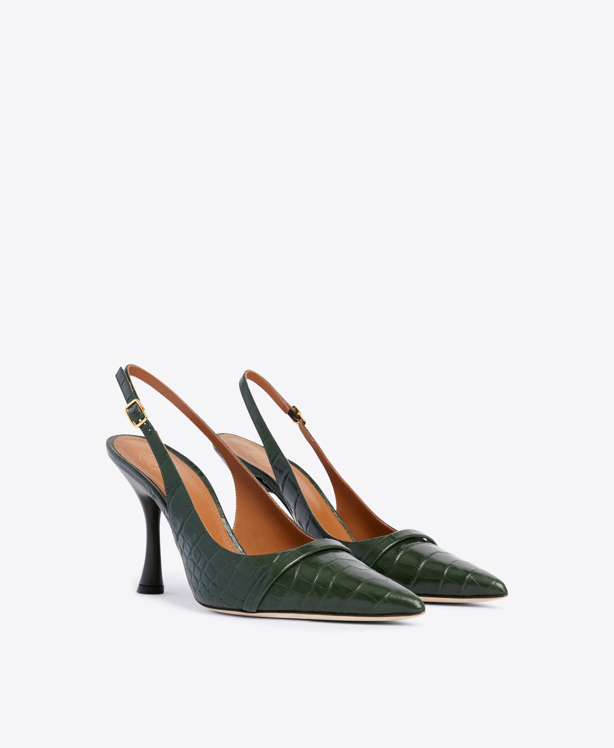Pine Green Embossed Leather Slingbacks - Pointed Toe with Strap | Malone Souliers
