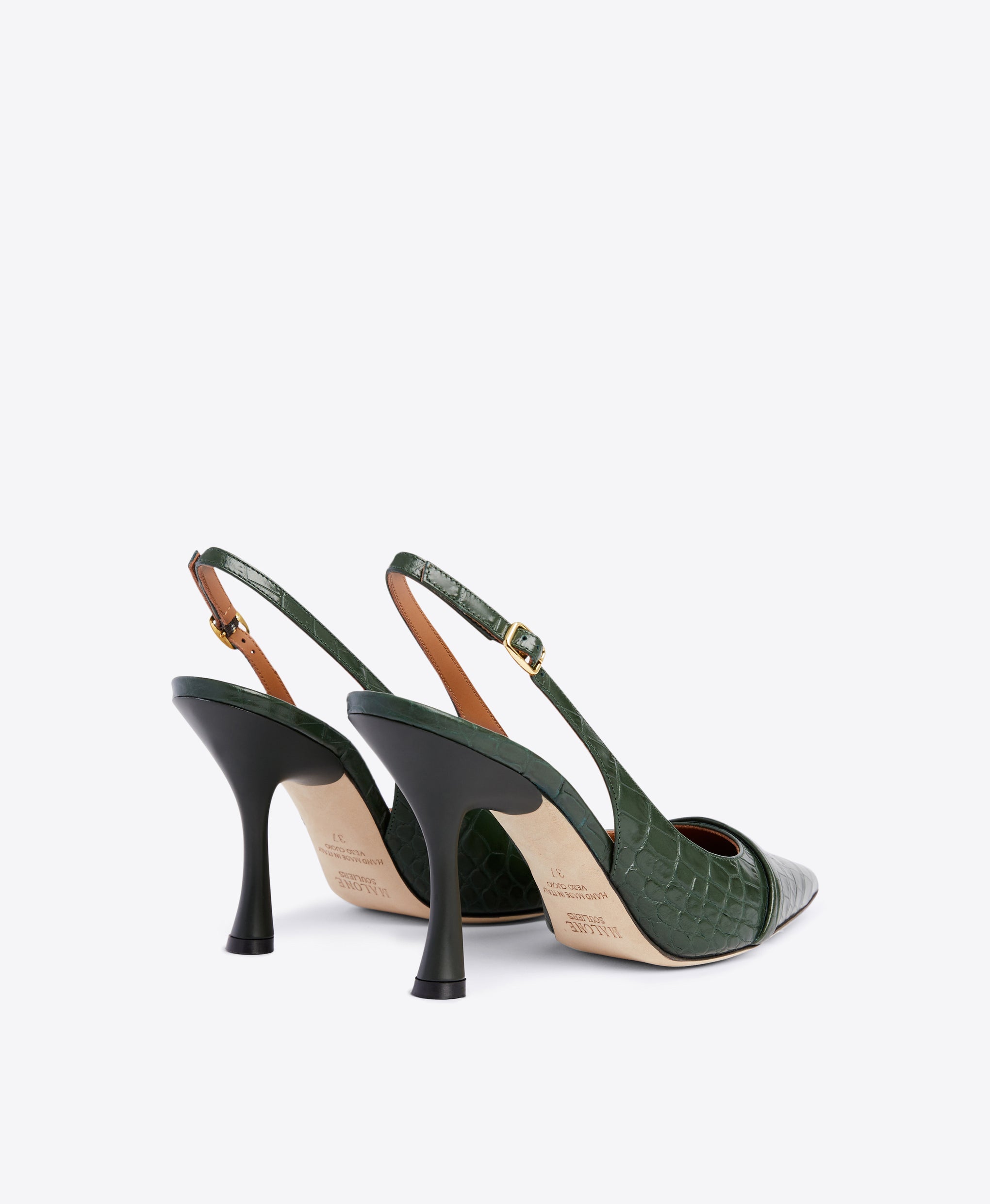 Pine Green Embossed Leather Slingbacks - Pointed Toe with Strap | Malone Souliers