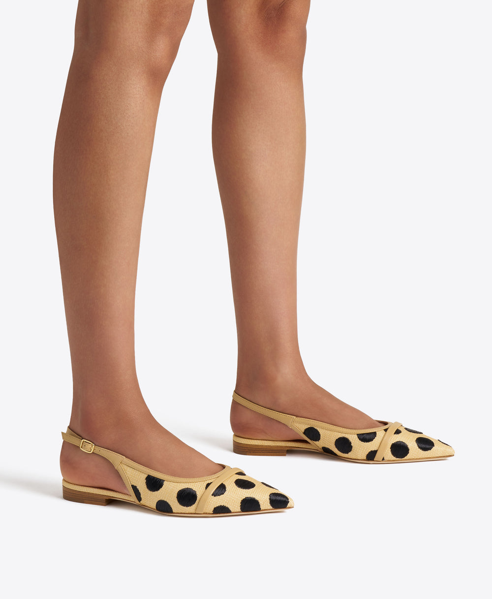 Jama Beige Polka-Dot Raffia Flat Slingbacks
