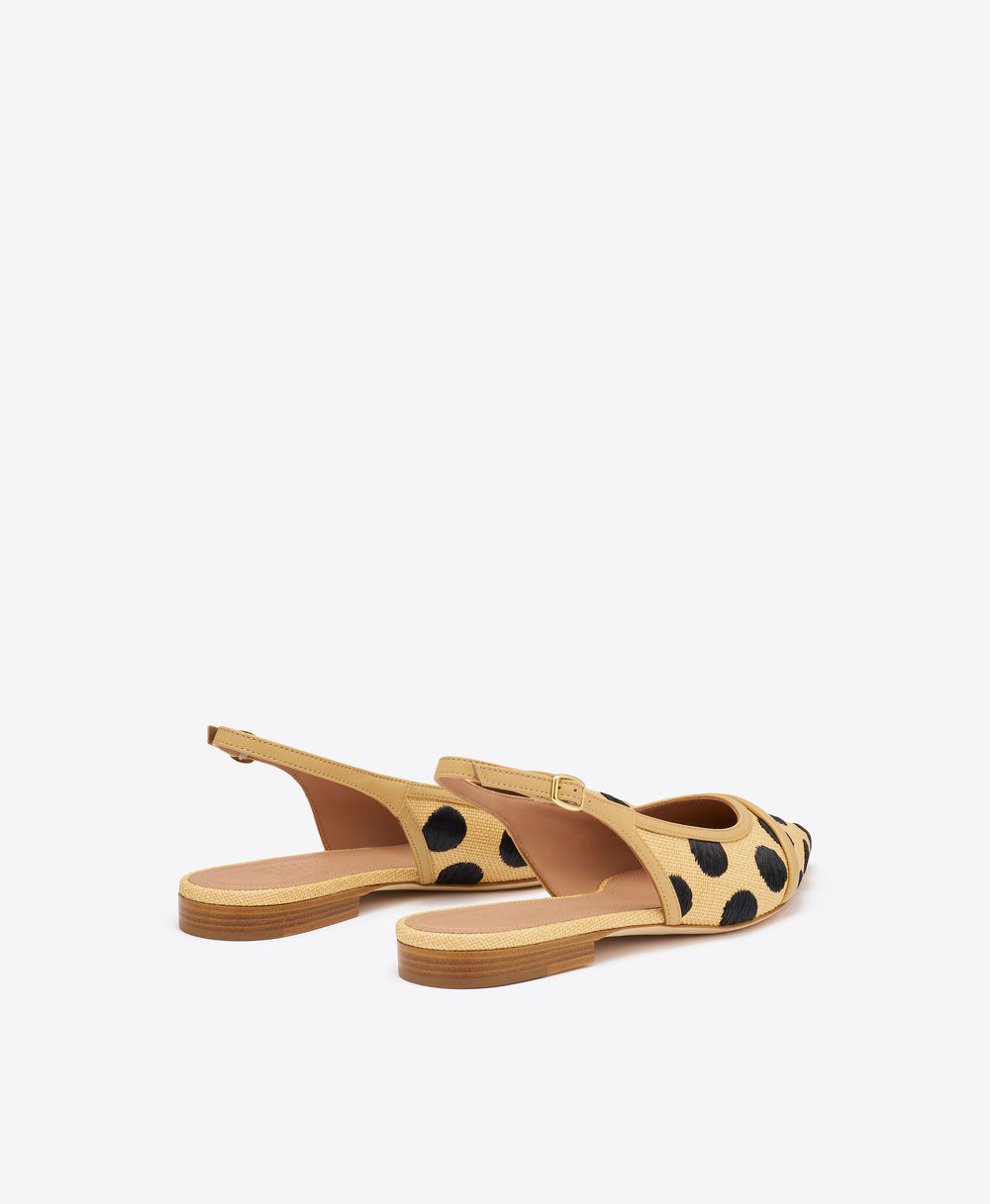 Jama Beige Polka-Dot Raffia Flat Slingbacks
