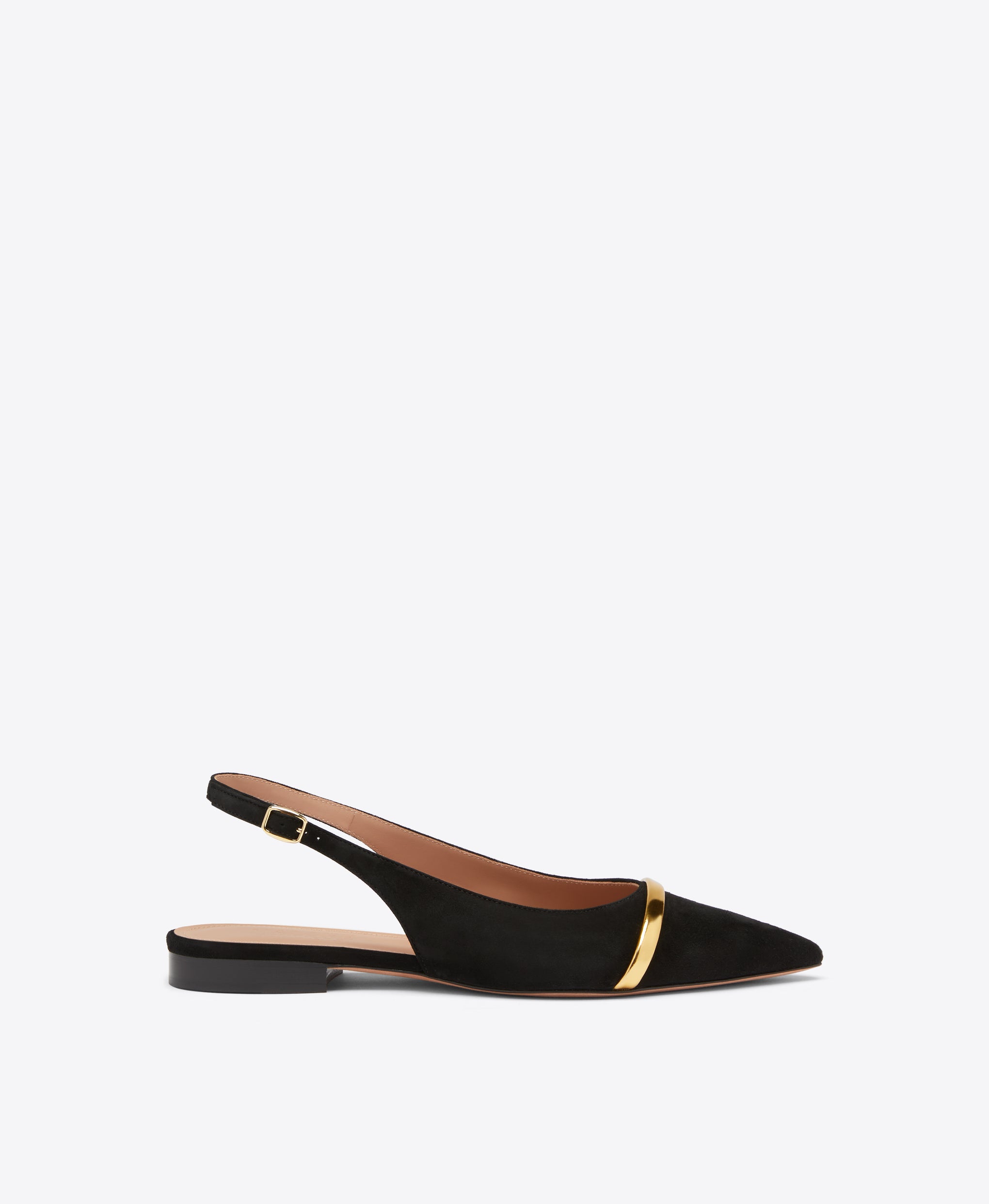 Jama Black Suede Flat Slingbacks with Gold Strap Malone Souliers
