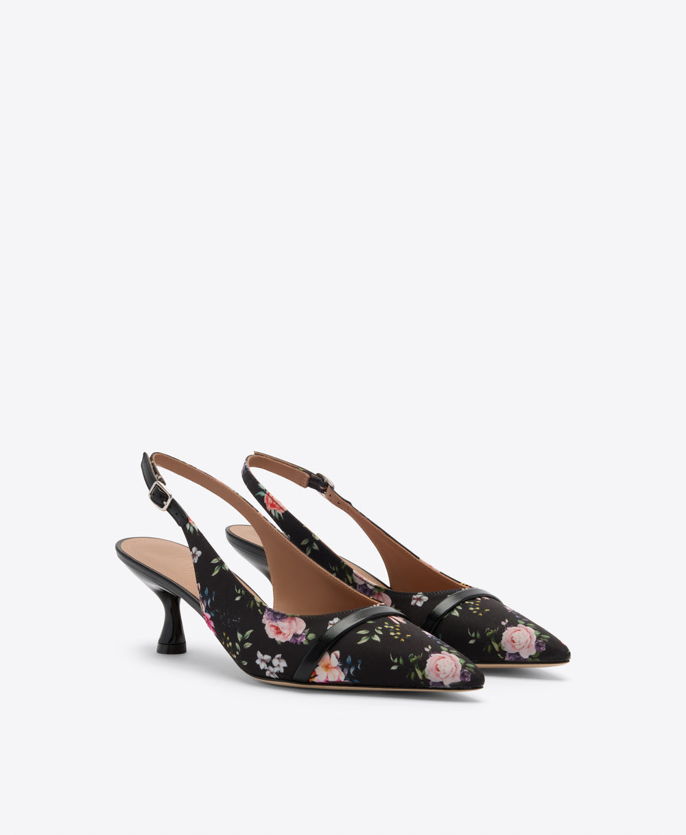 Jama 45 Black Floral Grosgrain Kitten Slingbacks Malone Souliers