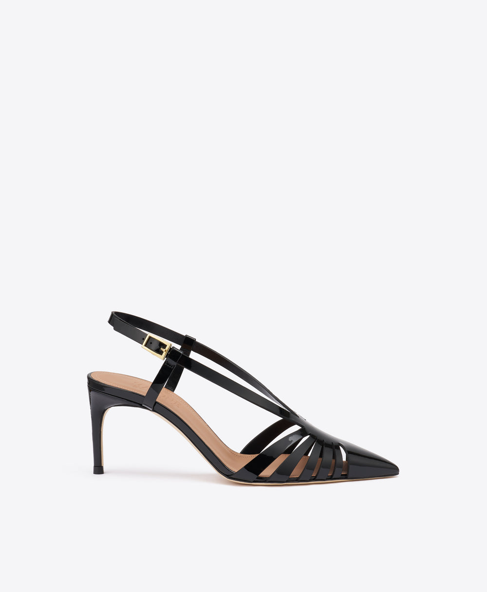 Janette 70 Black Patent Slingback Pumps with Adjustable Strap Malone Souliers