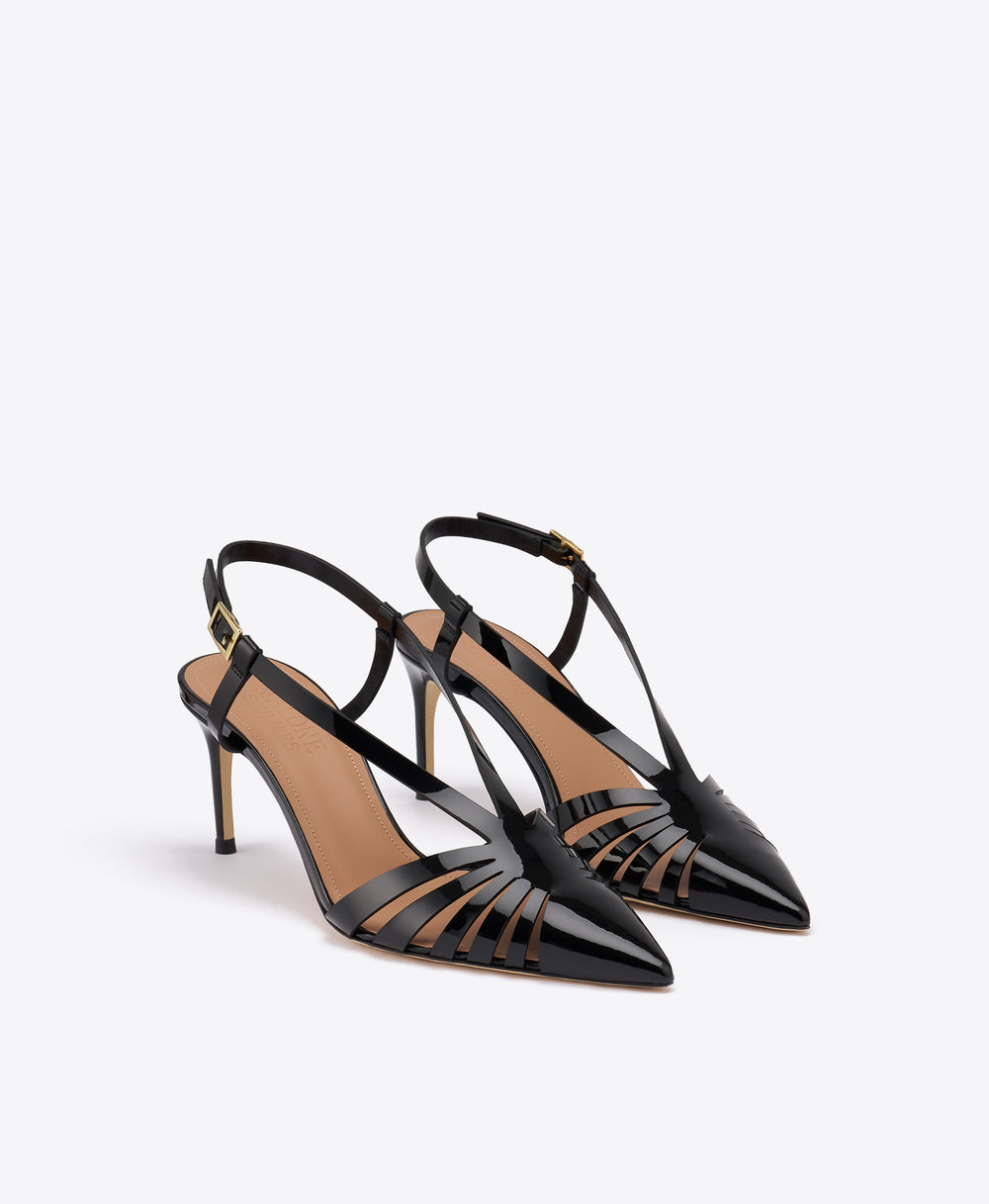 Janette 70 Black Patent Slingback Pumps with Adjustable Strap Malone Souliers