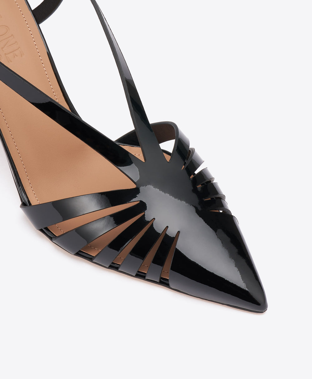 Janette 70 Black Patent Slingback Pumps with Adjustable Strap Malone Souliers