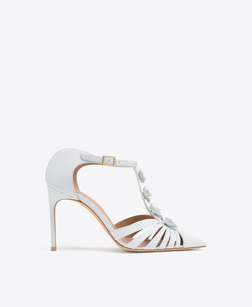 Jennifer 90 White Leather Stiletto Mules with Flower Ornaments Malone Souliers