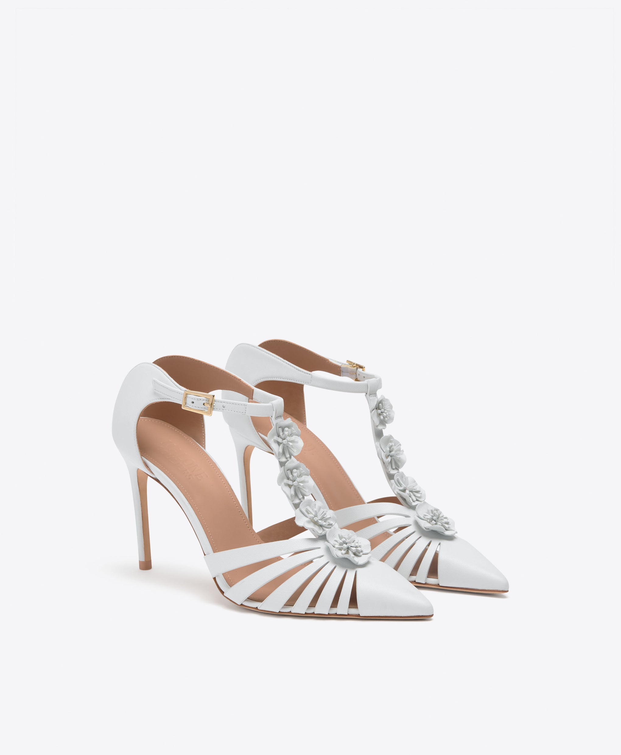 Jennifer 90 White Leather Stiletto Mules with Flower Ornaments Malone Souliers