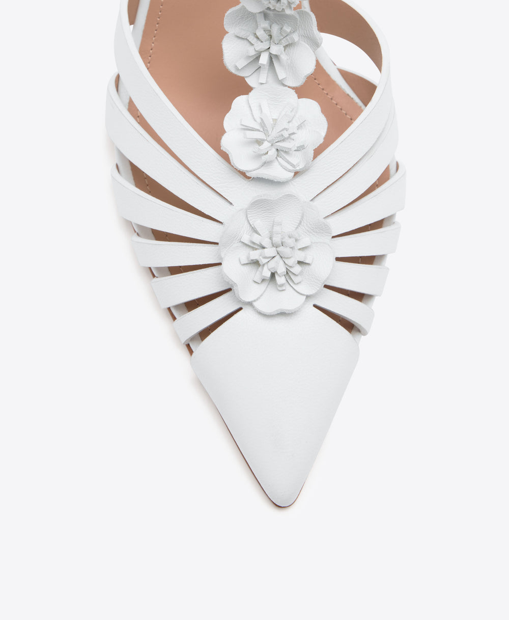 Jennifer 90 White Leather Stiletto Mules with Flower Ornaments Malone Souliers