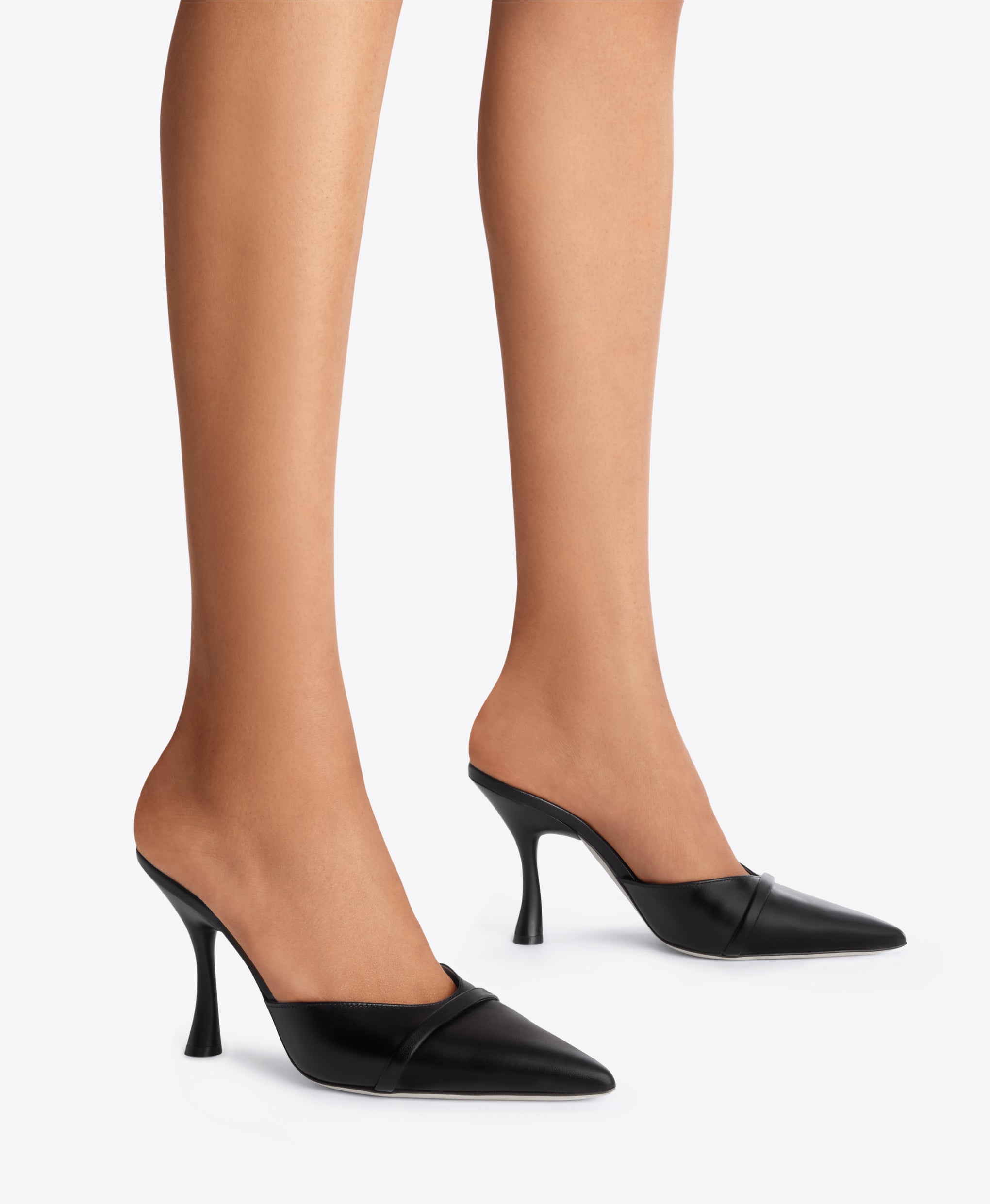 Black Leather Pointed Toe Mules with Single Strap | Malone Souliers