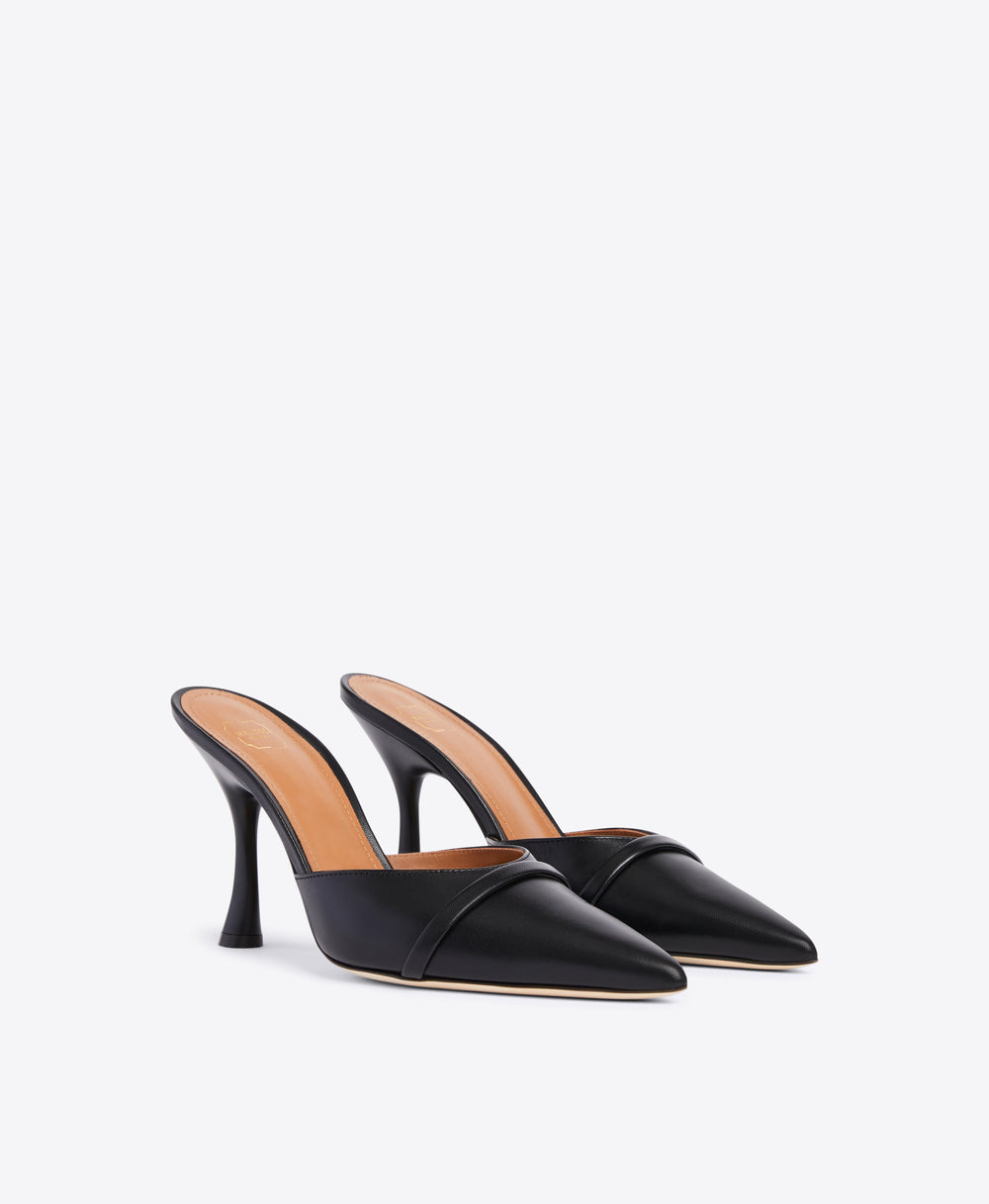 Black Leather Pointed Toe Mules with Single Strap | Malone Souliers