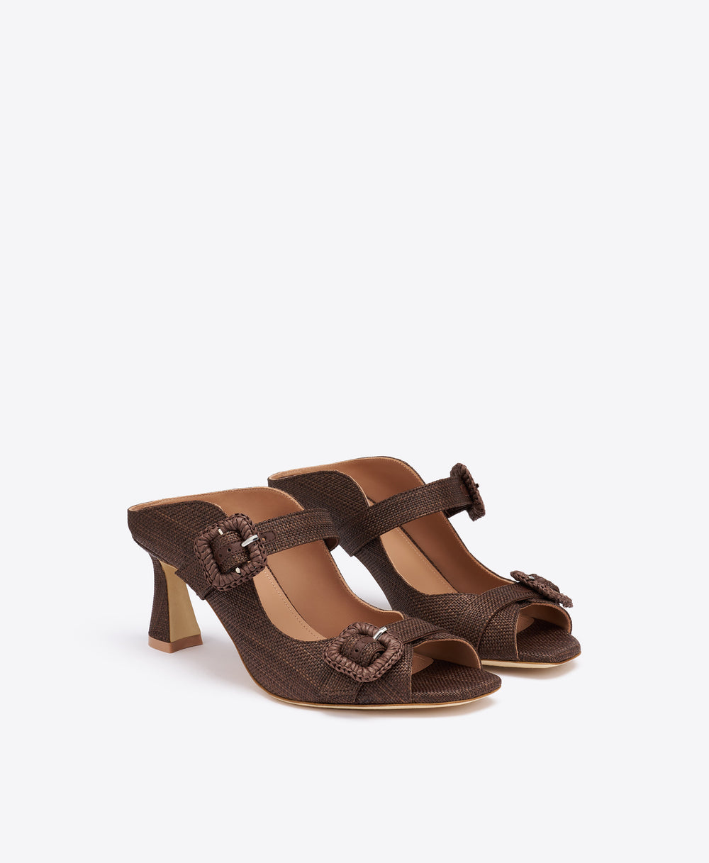 Kimberly 70 Dark Brown Raffia Sandals with Block Heel Malone Souliers