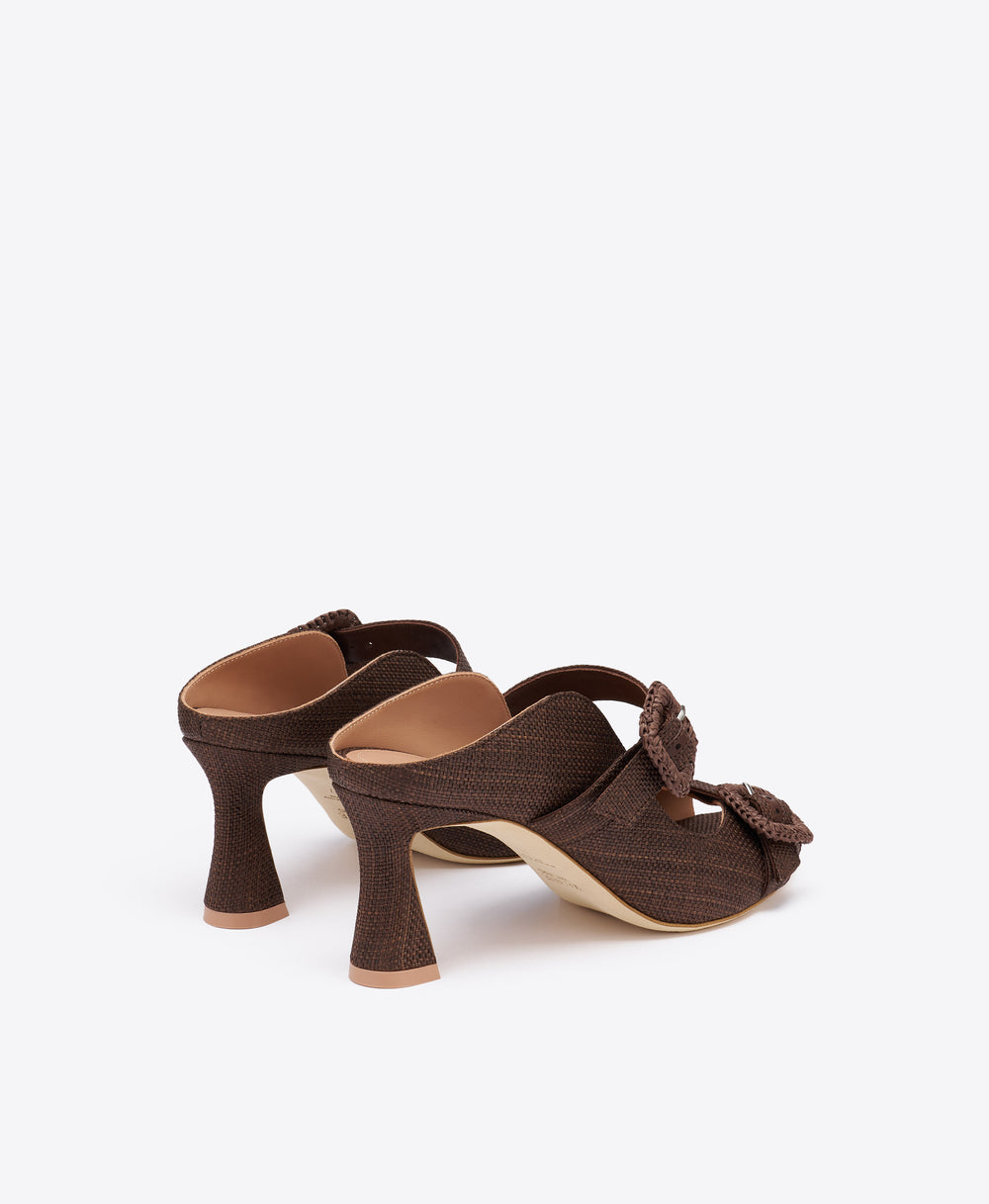Kimberly 70 Dark Brown Raffia Sandals with Block Heel Malone Souliers