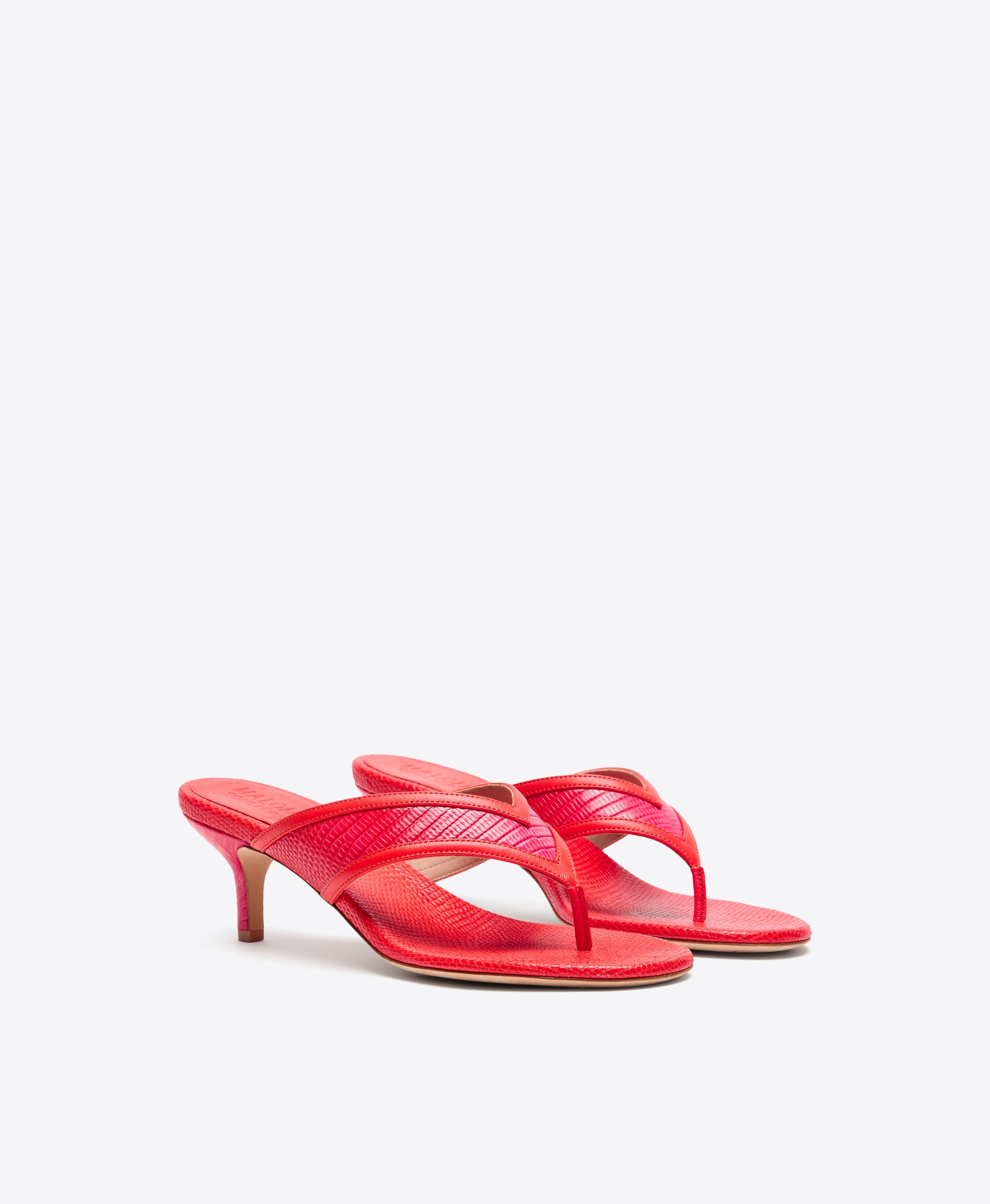 Koko 45 Thong Kitten Heel Sandals in Orange & Pink Gradient Embossed Leather Malone Souliers