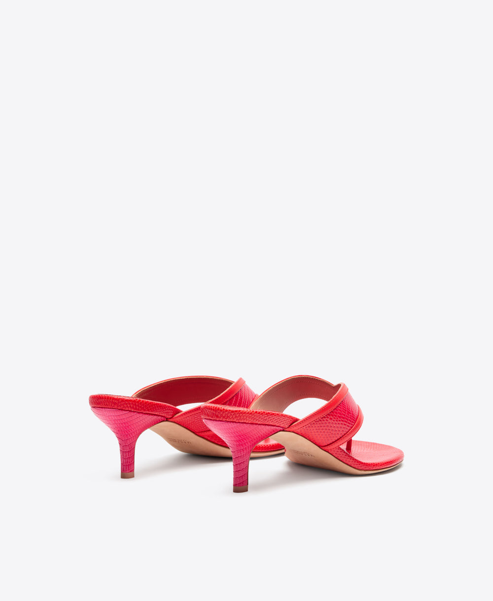 Koko 45 Thong Kitten Heel Sandals in Orange & Pink Gradient Embossed Leather Malone Souliers