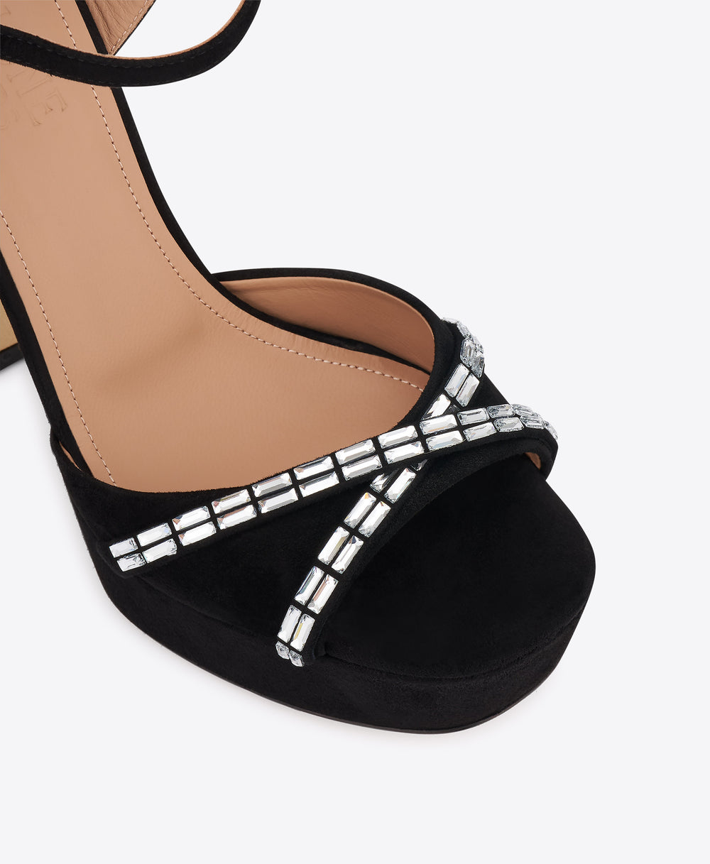 Keaton 125 Black Crystal-Embellished Suede Platform Sandals Malone Souliers