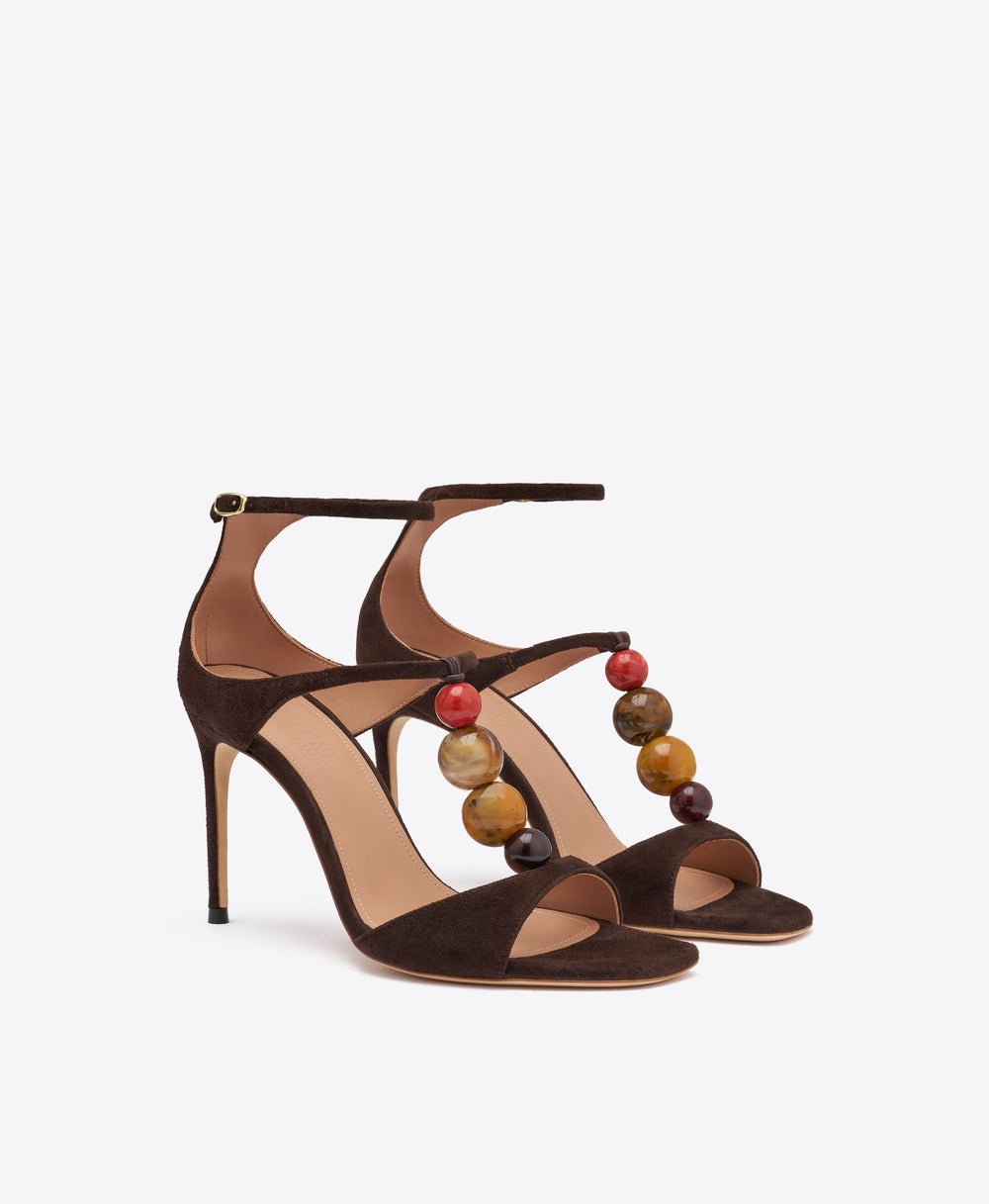Leia 90 Dark Brown Beaded Suede Sandals Malone Souliers