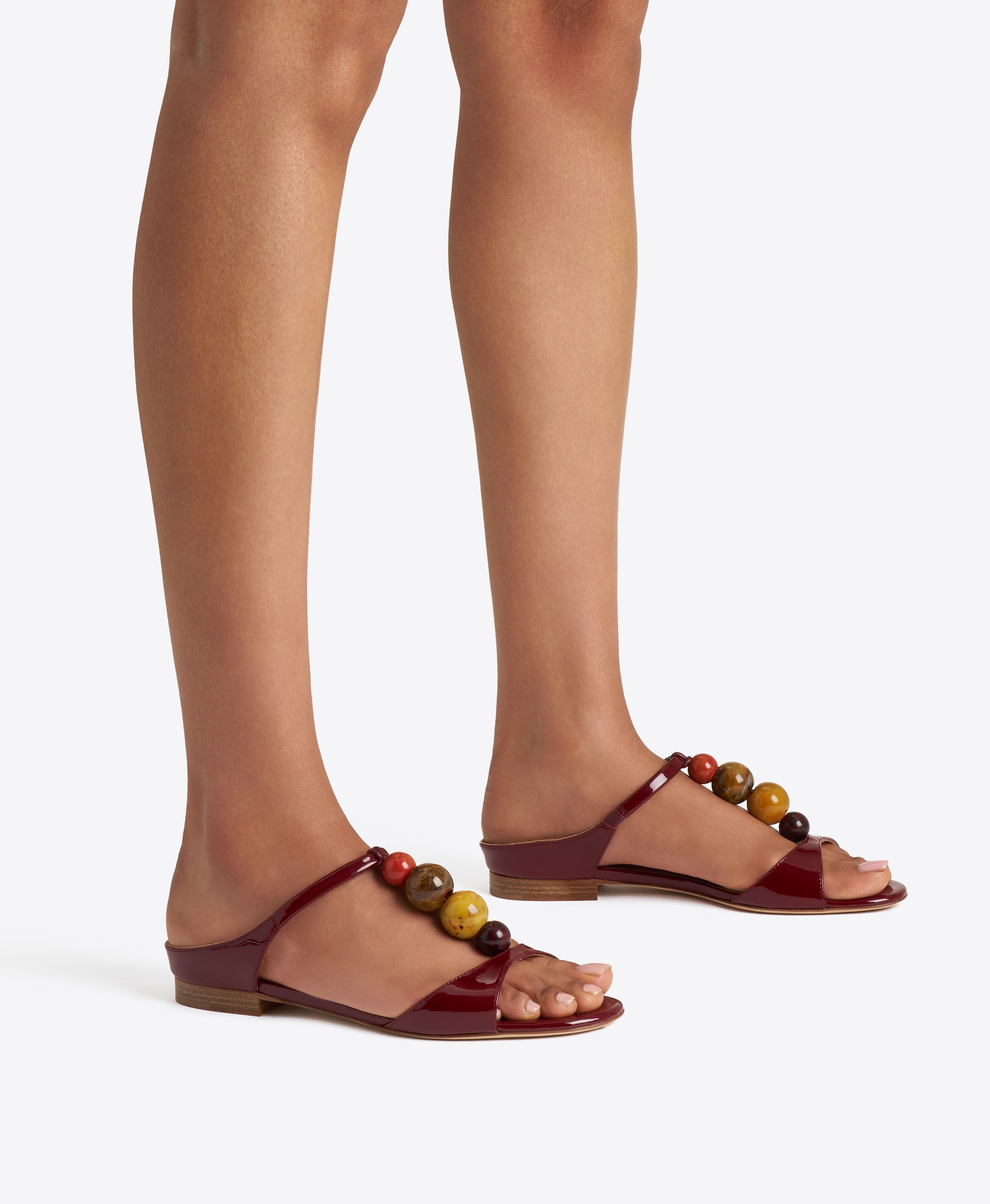 Lena Red Beaded Patent Leather Flat Sandals|Malone Souliers