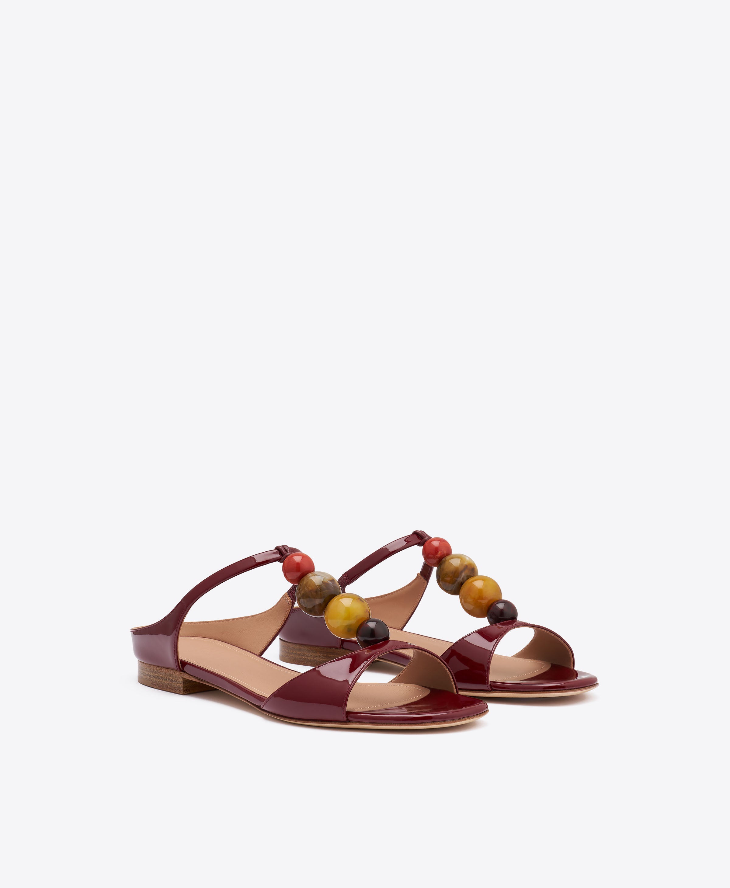 Lena Red Beaded Patent Leather Flat Sandals|Malone Souliers