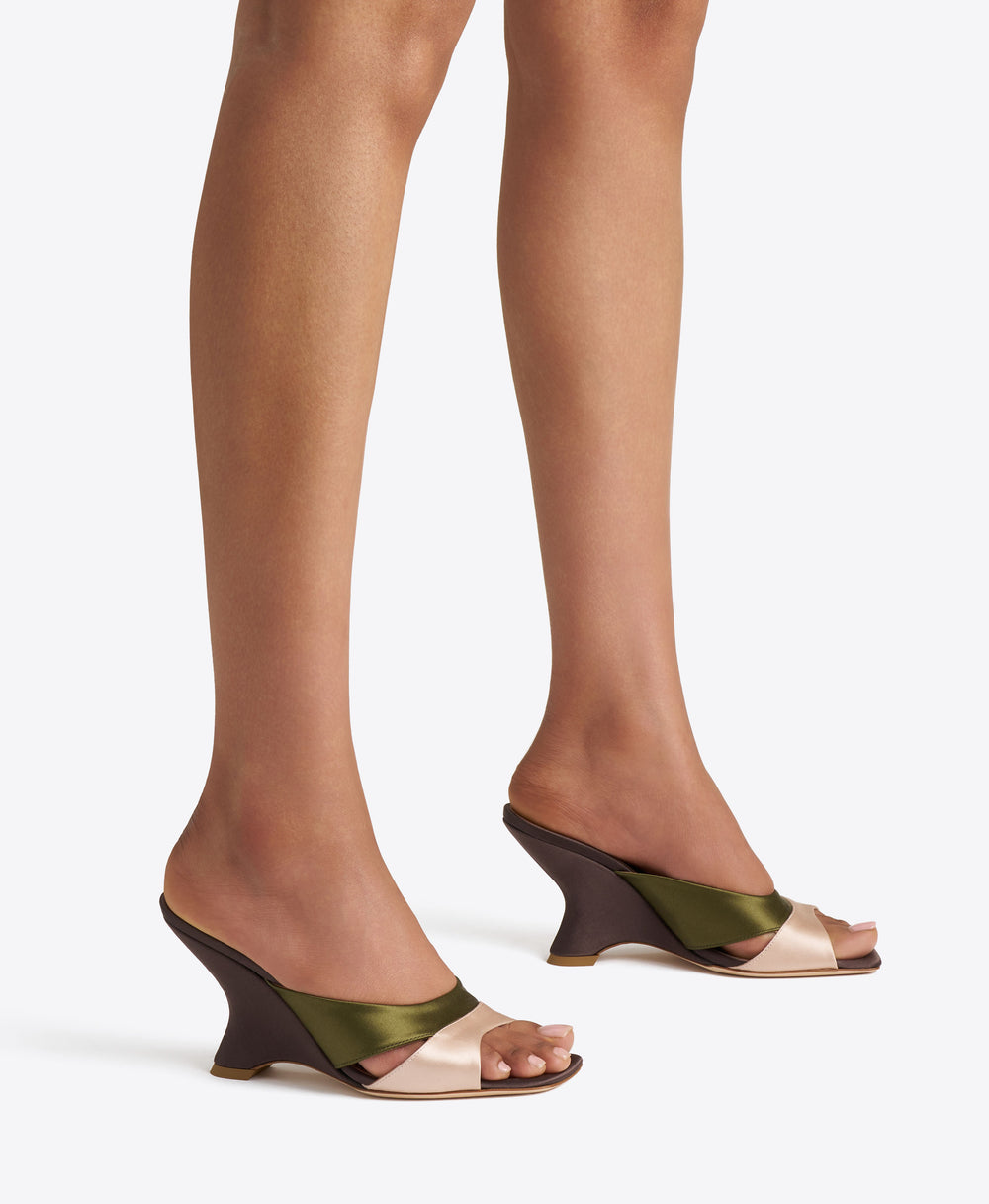 Lourdes 85 Brown & Green Satin Wedge Sandals Malone Souliers