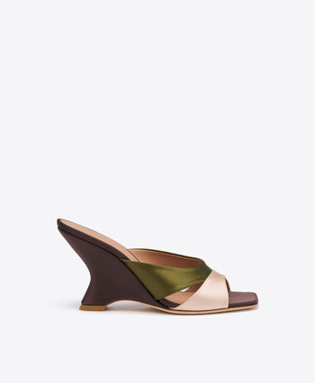 Lourdes 85 Brown & Green Satin Wedge Sandals