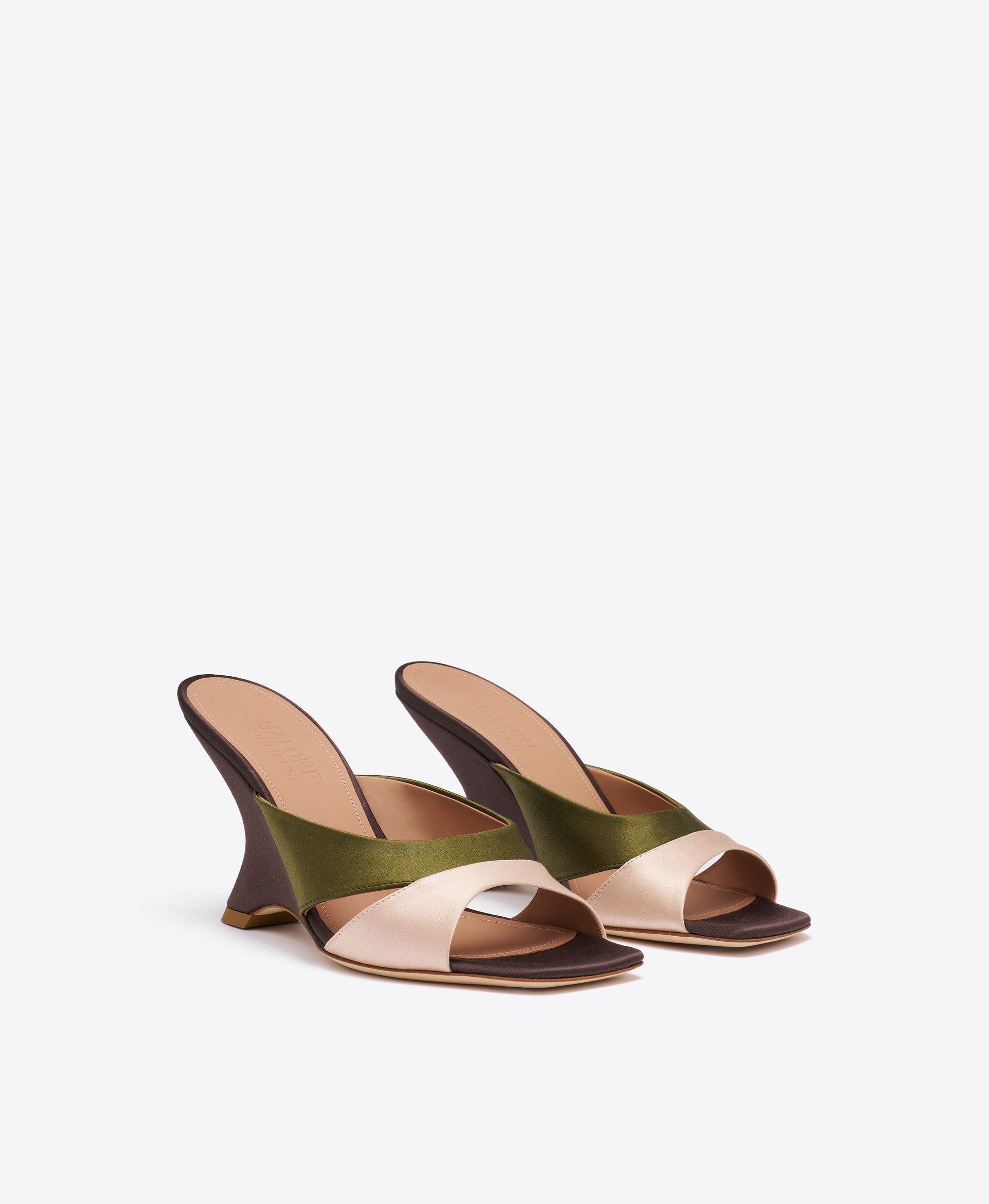 Lourdes 85 Brown & Green Satin Wedge Sandals Malone Souliers