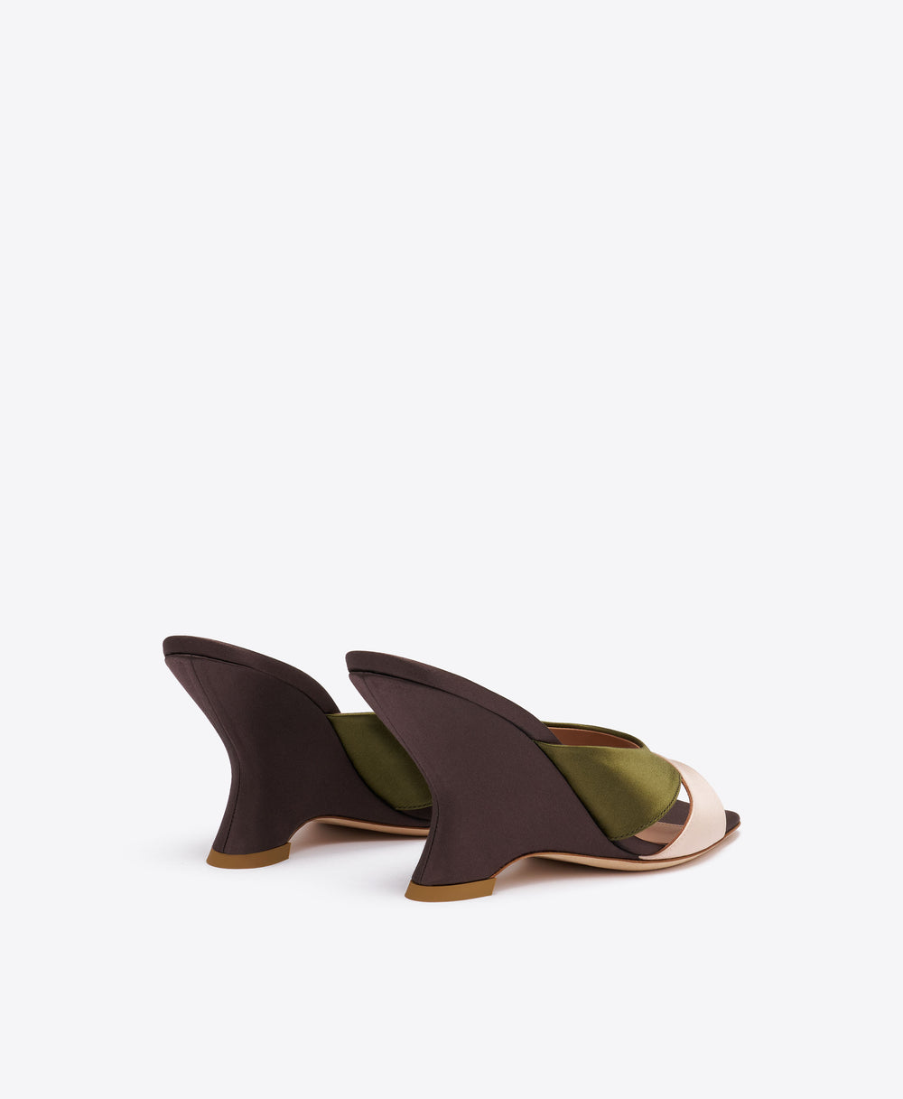 Lourdes 85 Brown & Green Satin Wedge Sandals Malone Souliers