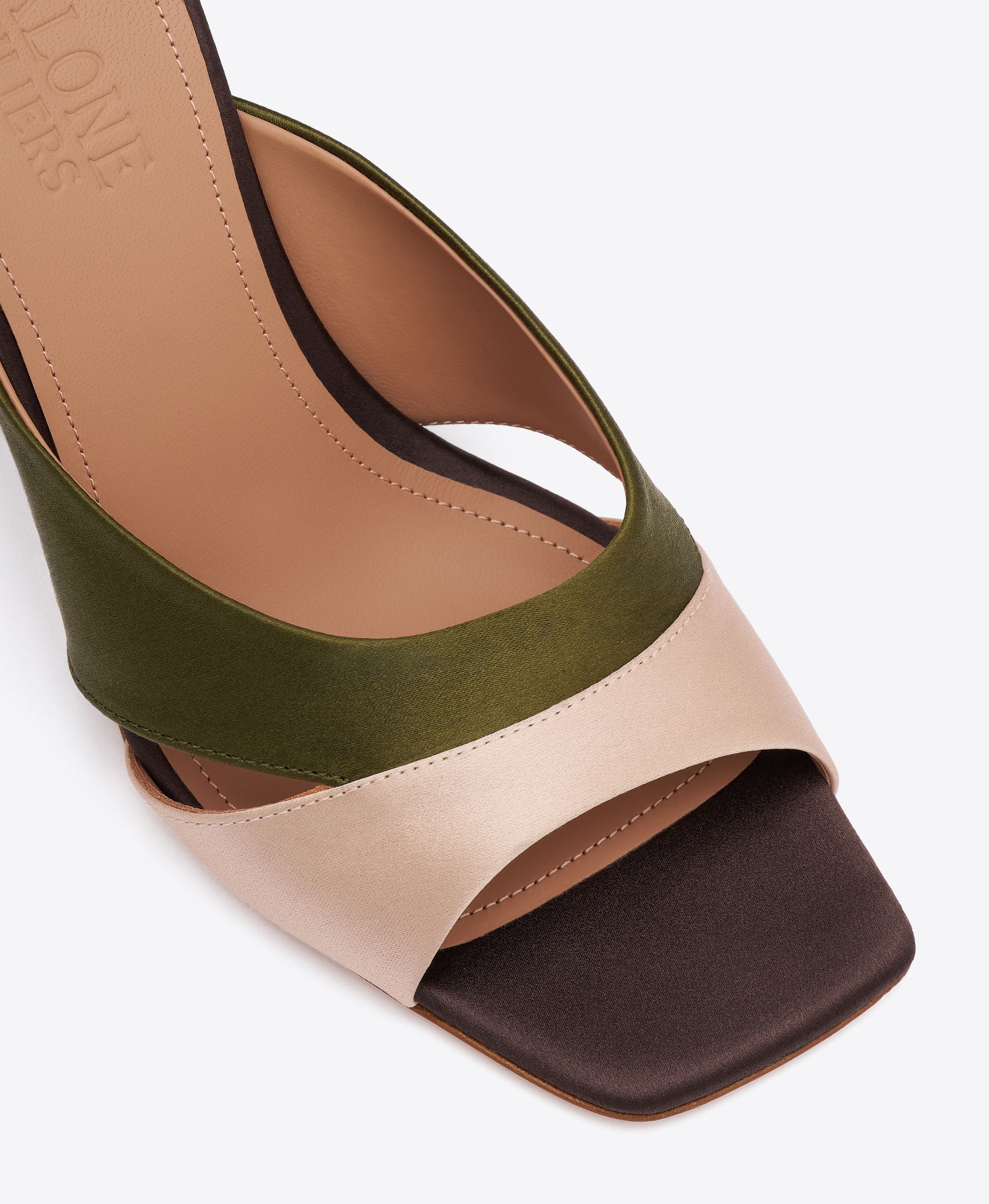 Lourdes 85 Brown & Green Satin Wedge Sandals Malone Souliers