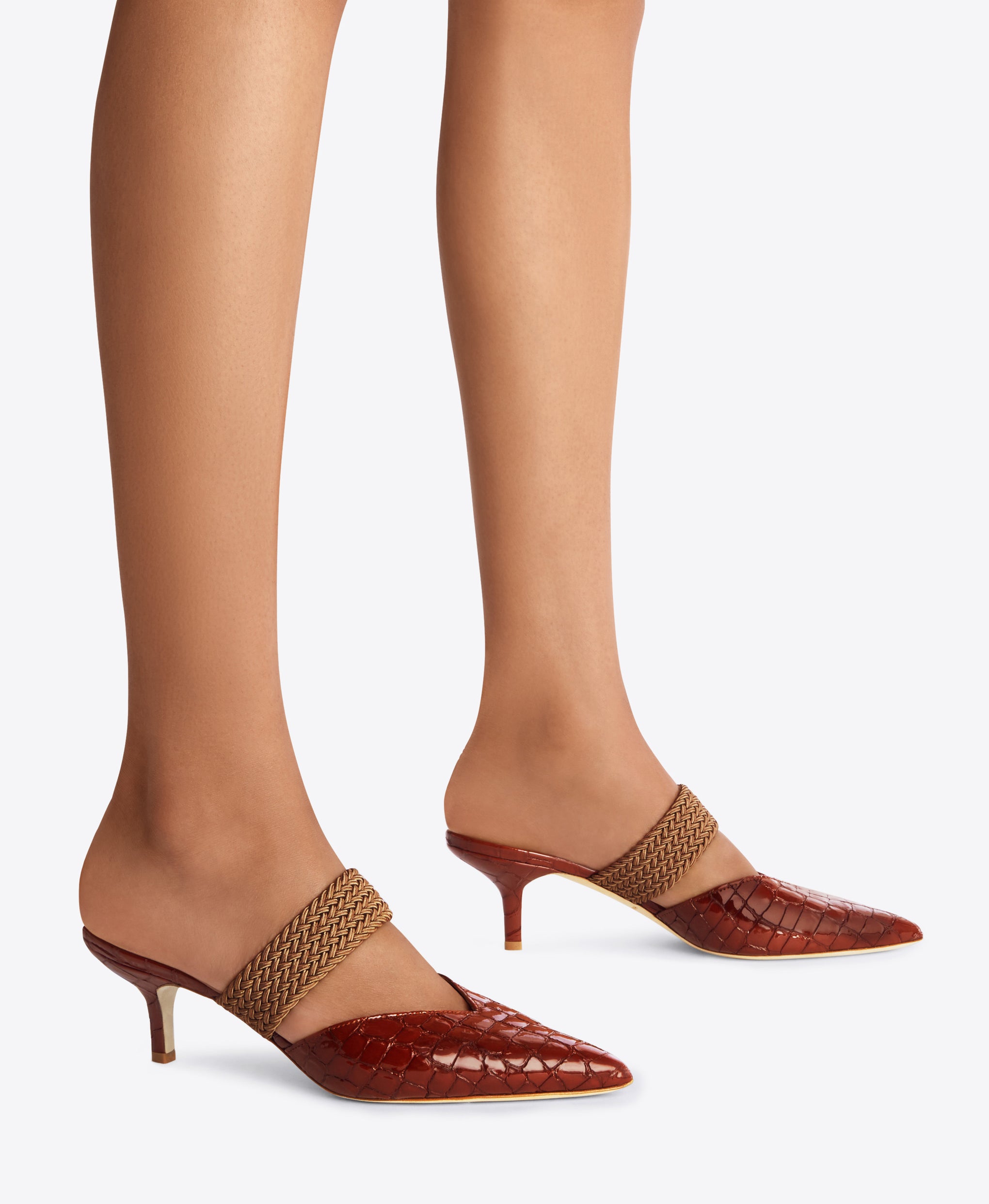 Brown Embossed Patent Stiletto Mules - Pointed Toe with Elastic Strap | Malone Souliers 