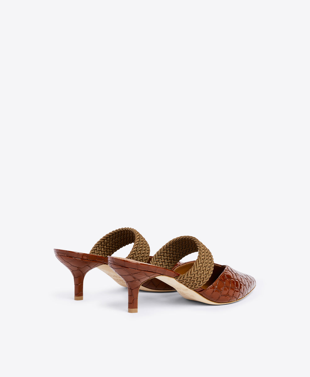 Brown Embossed Patent Stiletto Mules - Pointed Toe with Elastic Strap | Malone Souliers 