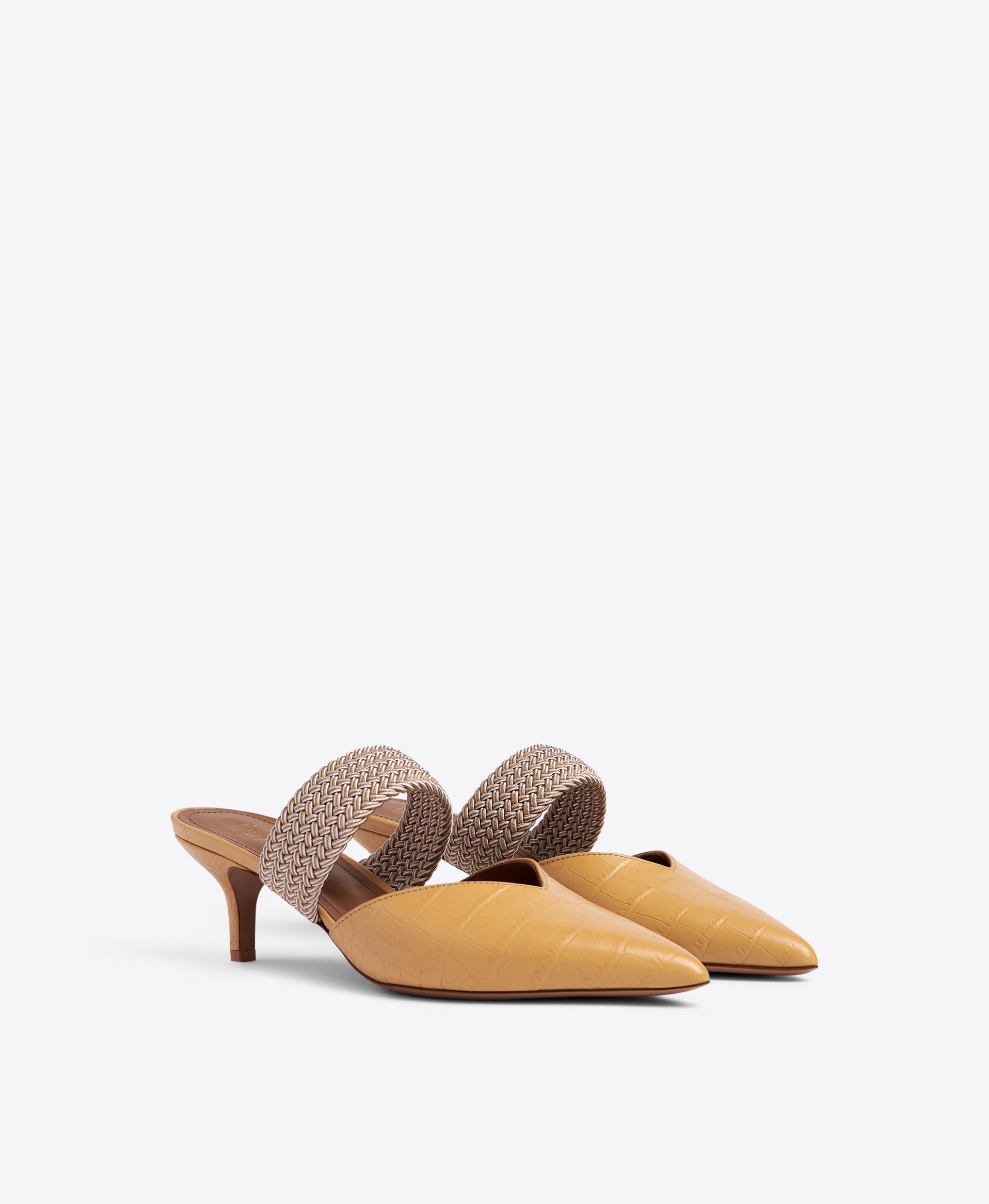Beige Embossed Leather Stiletto Mules - Pointed Toe with Elastic Strap | Malone Souliers 