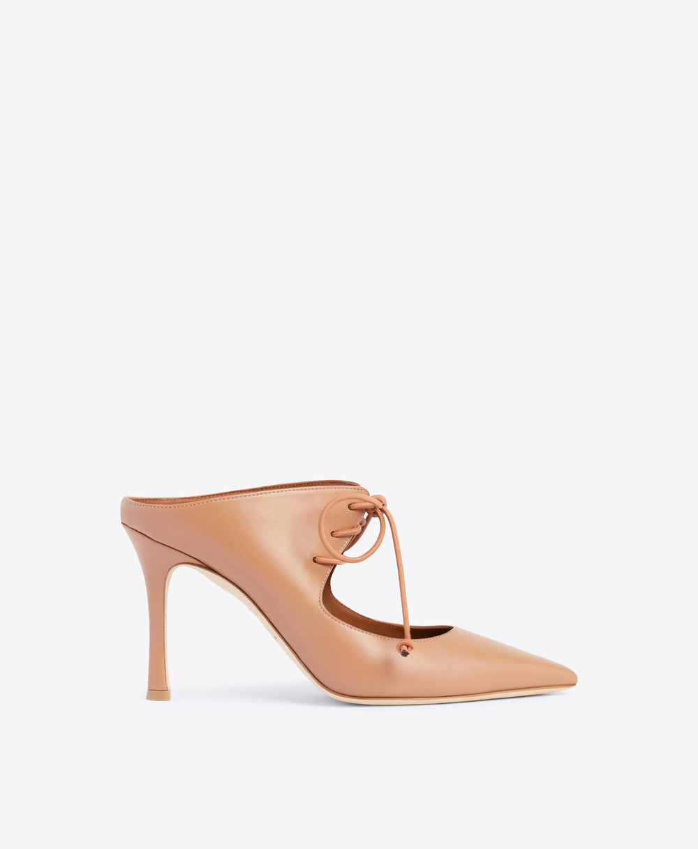 Sepia Nappa Lace-up Mules - Pointed Toe on Flared Stiletto | Malone Souliers