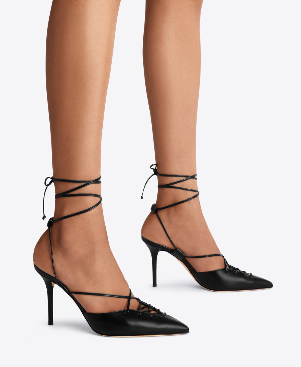 Black Leather Pointed Toe Stiletto Slingbacks with Ankle Tie | Malone Souliers 