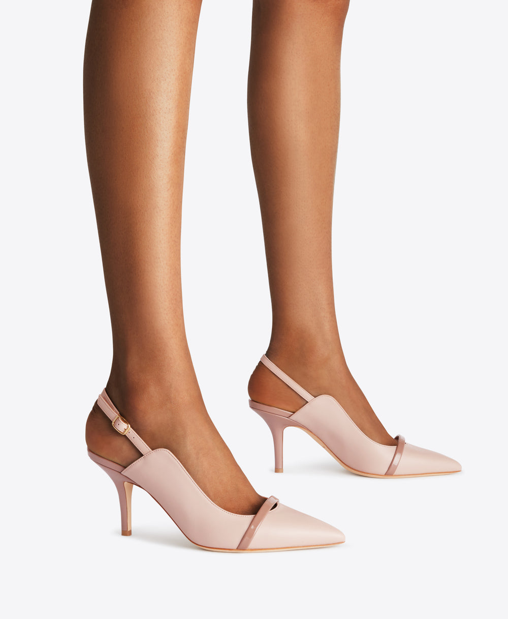 Women's Dusty Pink Leather and Brown Patent Slingback Pumps with Pointed Toe by Malone Souliers