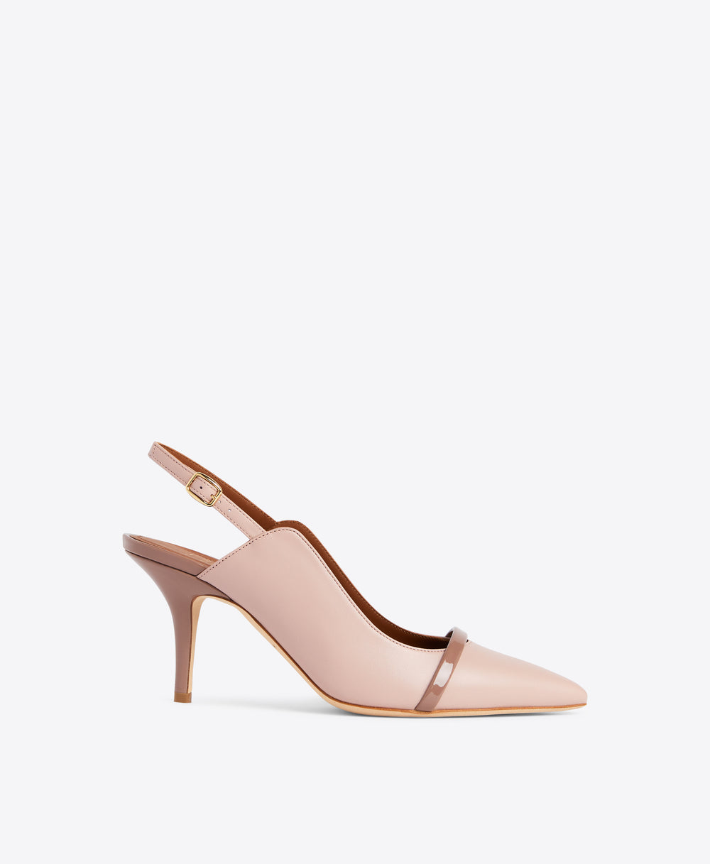 Women's Dusty Pink Leather and Brown Patent Slingback Pumps with Pointed Toe by Malone Souliers