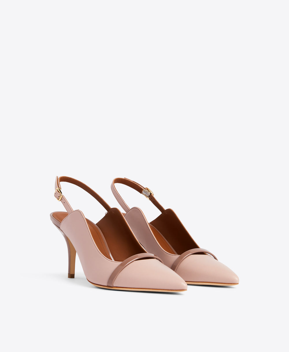 Women's Dusty Pink Leather and Brown Patent Slingback Pumps with Pointed Toe by Malone Souliers