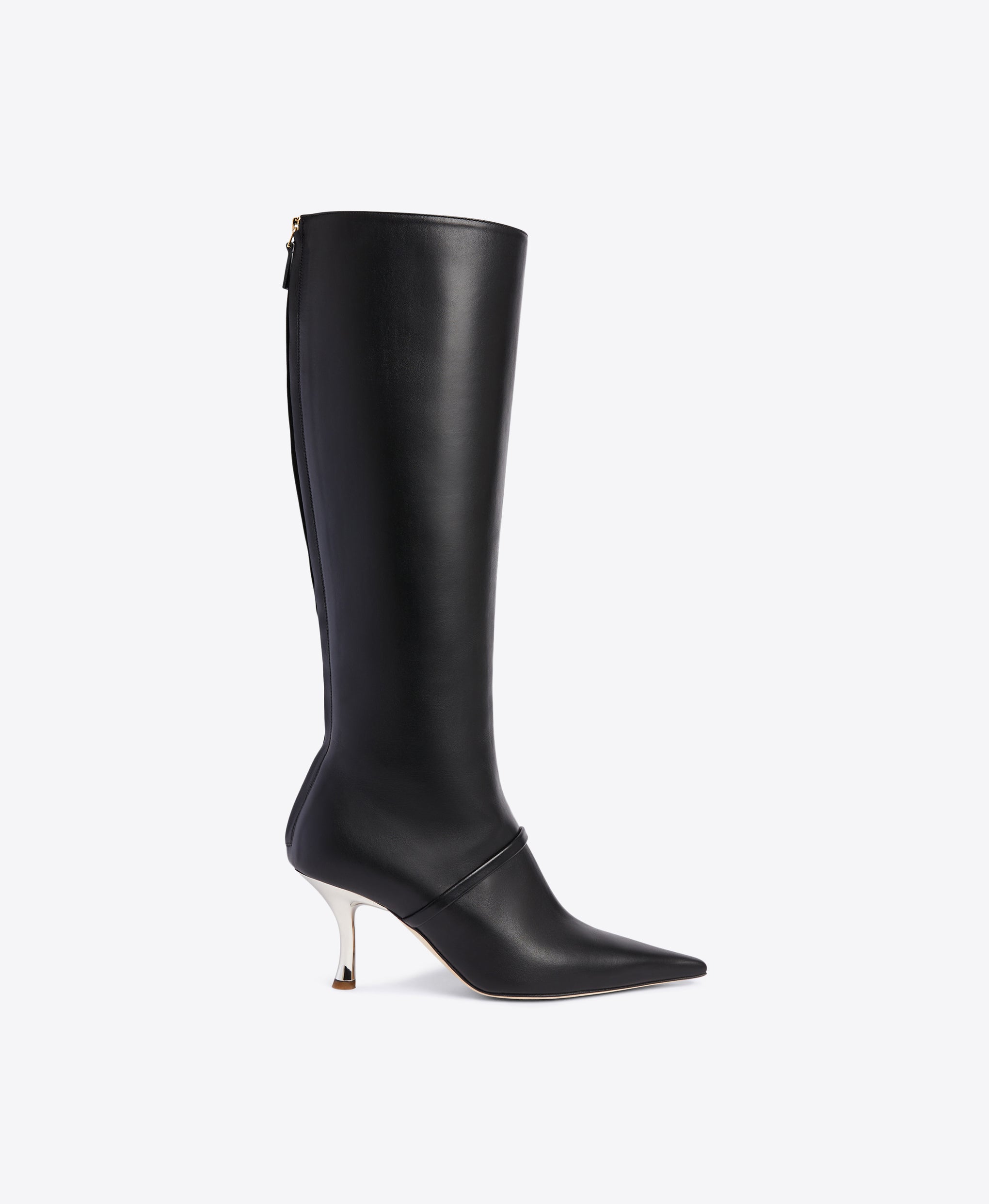 Black Calf Pointed Toe Tall Boots with Single Strap | Malone Souliers