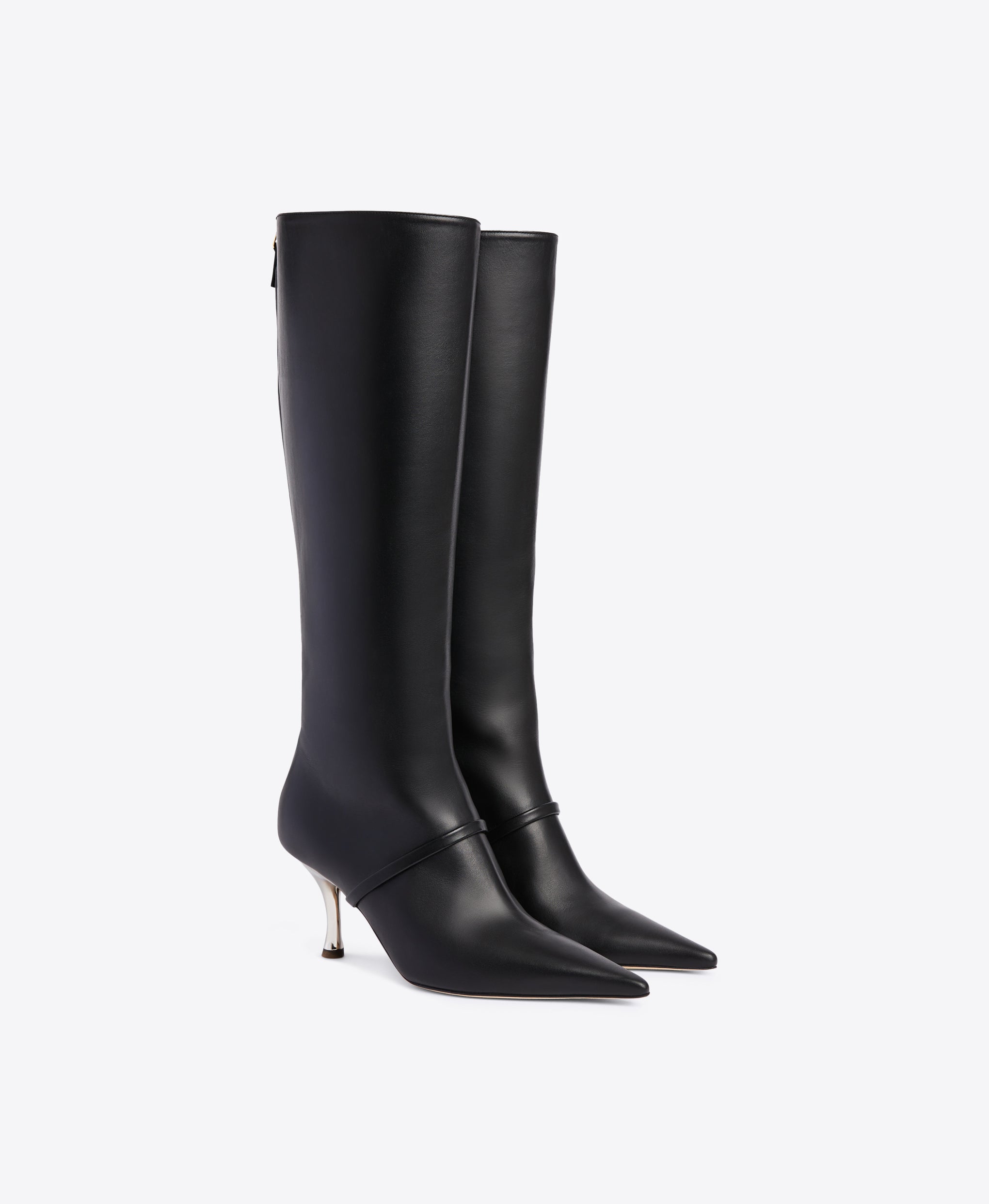 Black Calf Pointed Toe Tall Boots with Single Strap | Malone Souliers