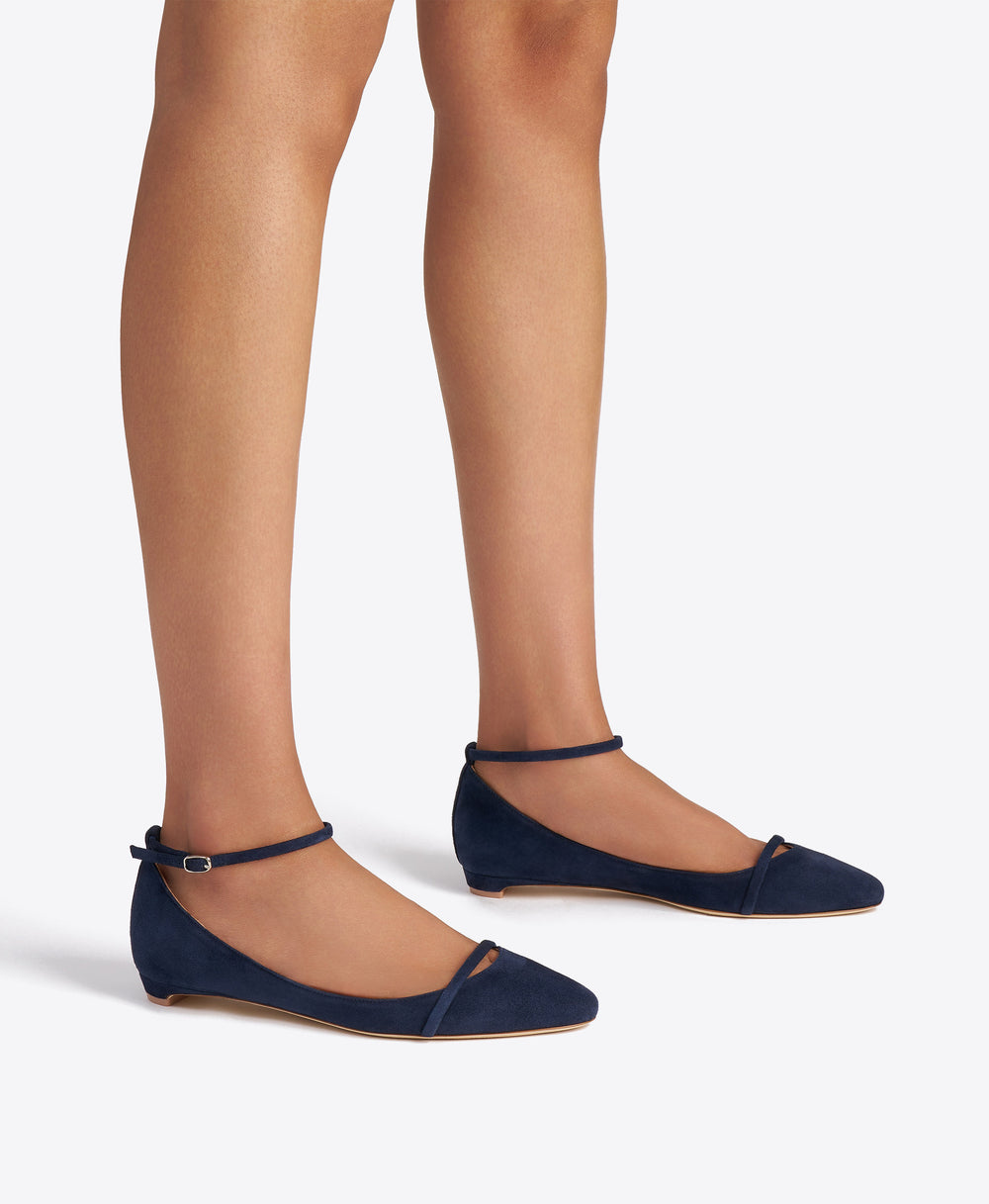 Mary Dark Blue Suede Flat Pumps with Adjustable Strap Malone Souliers