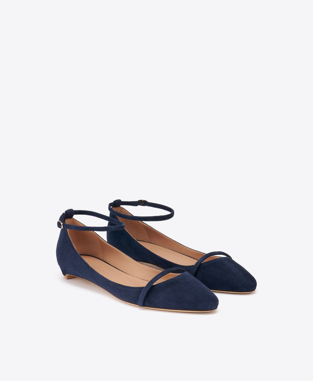 Mary Dark Blue Suede Flat Pumps with Adjustable Strap Malone Souliers