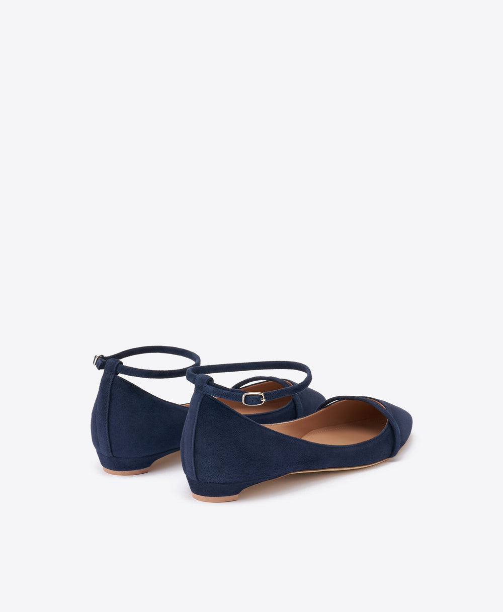 Mary Dark Blue Suede Flat Pumps with Adjustable Strap Malone Souliers