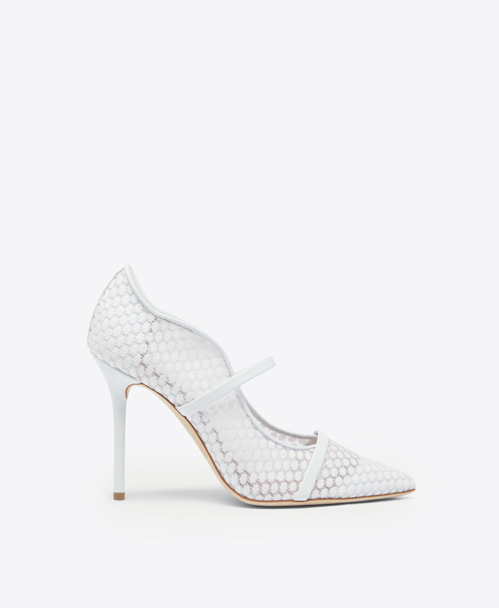 Malone Souliers Maureen 100mm White Lace Mesh Heeled Pumps