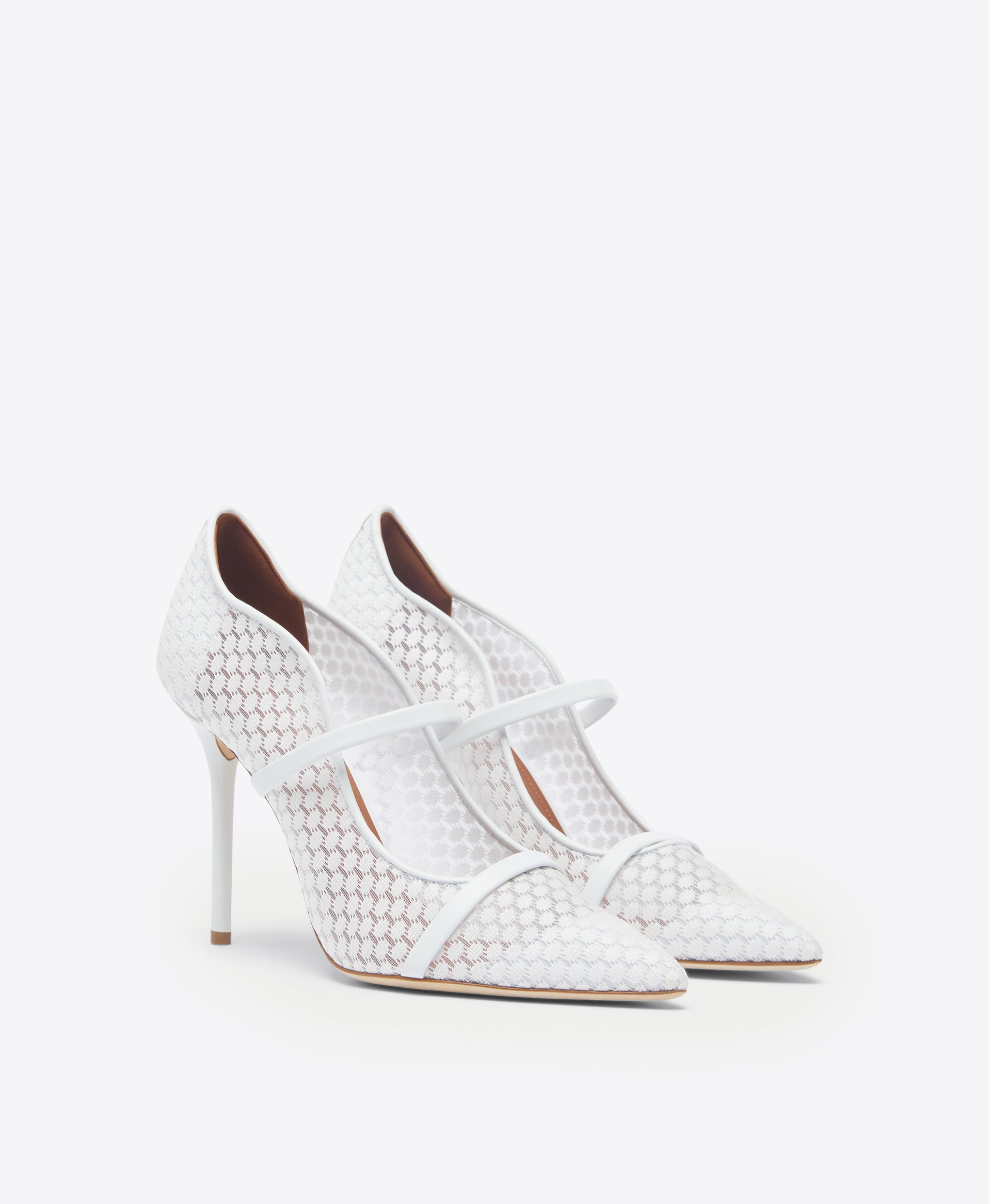 Malone Souliers Maureen 100mm White Lace Mesh Heeled Pumps