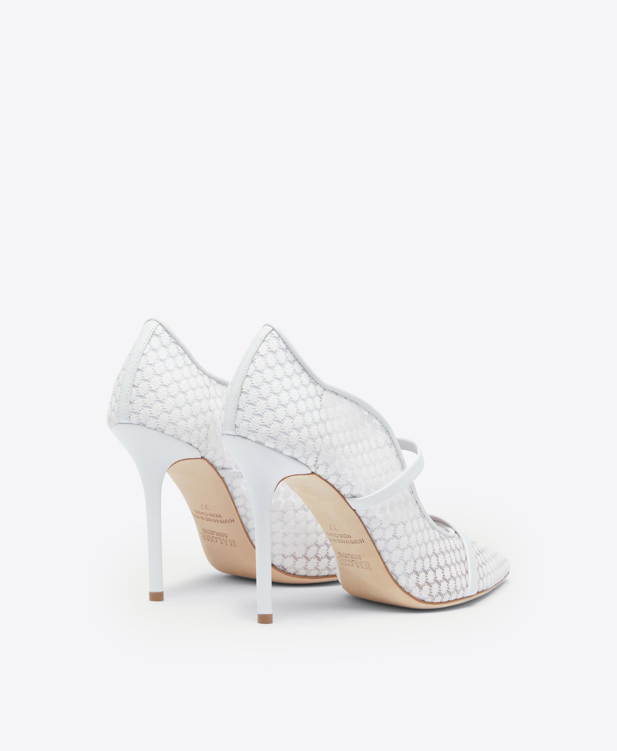 Malone Souliers Maureen 100mm White Lace Mesh Heeled Pumps