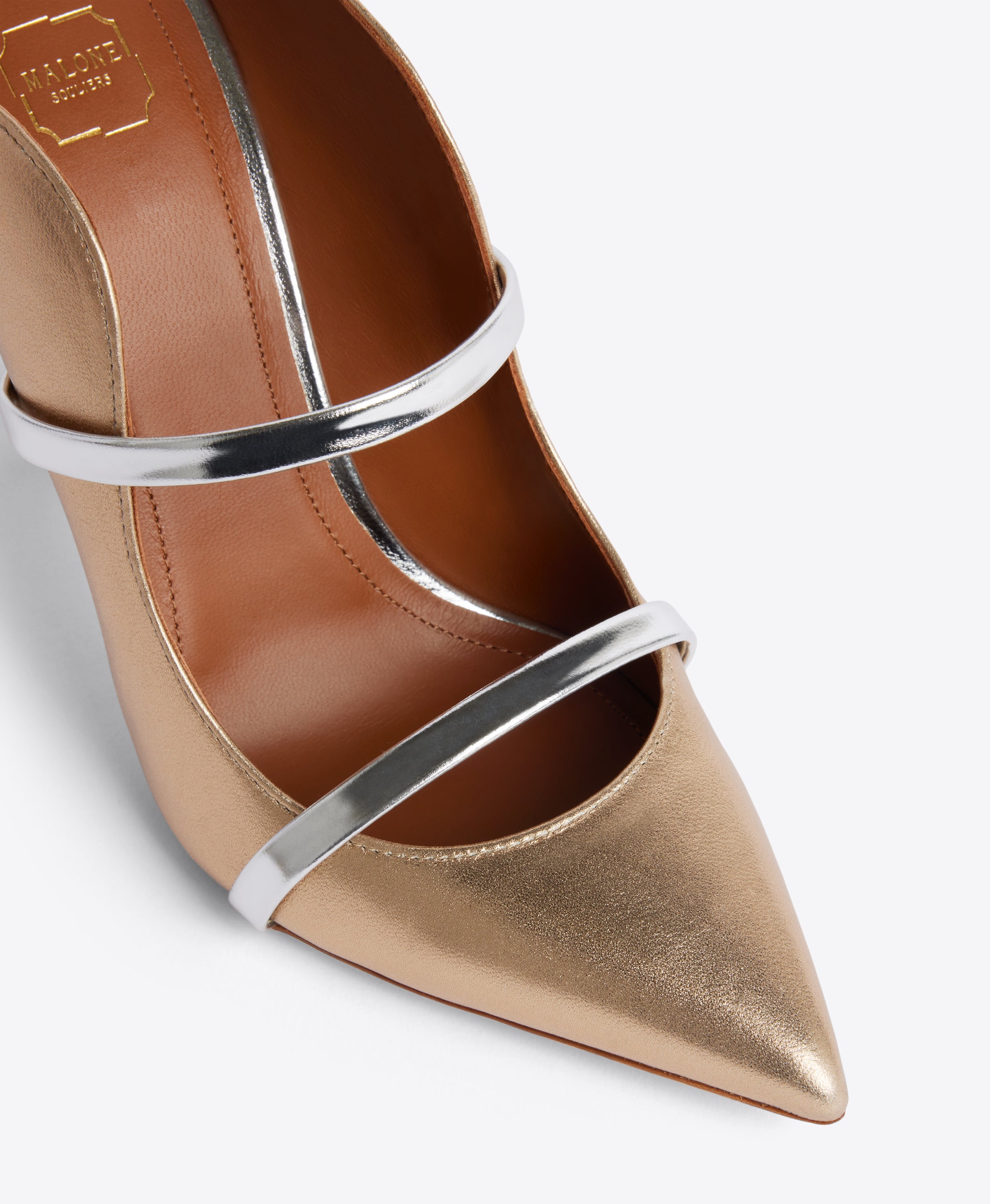 Maureen 100mm Gold & Silver Leather Stiletto Mules | Malone Souliers