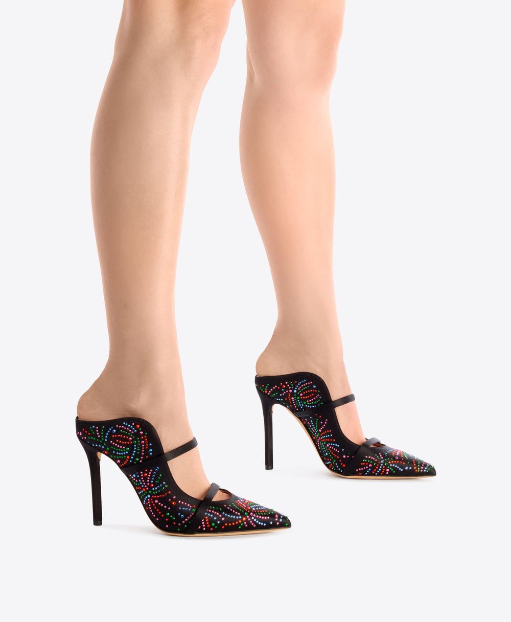 Maureen 100 Black Multicolour Crystal-Embellished Satin Heeled Mules Malone Souliers